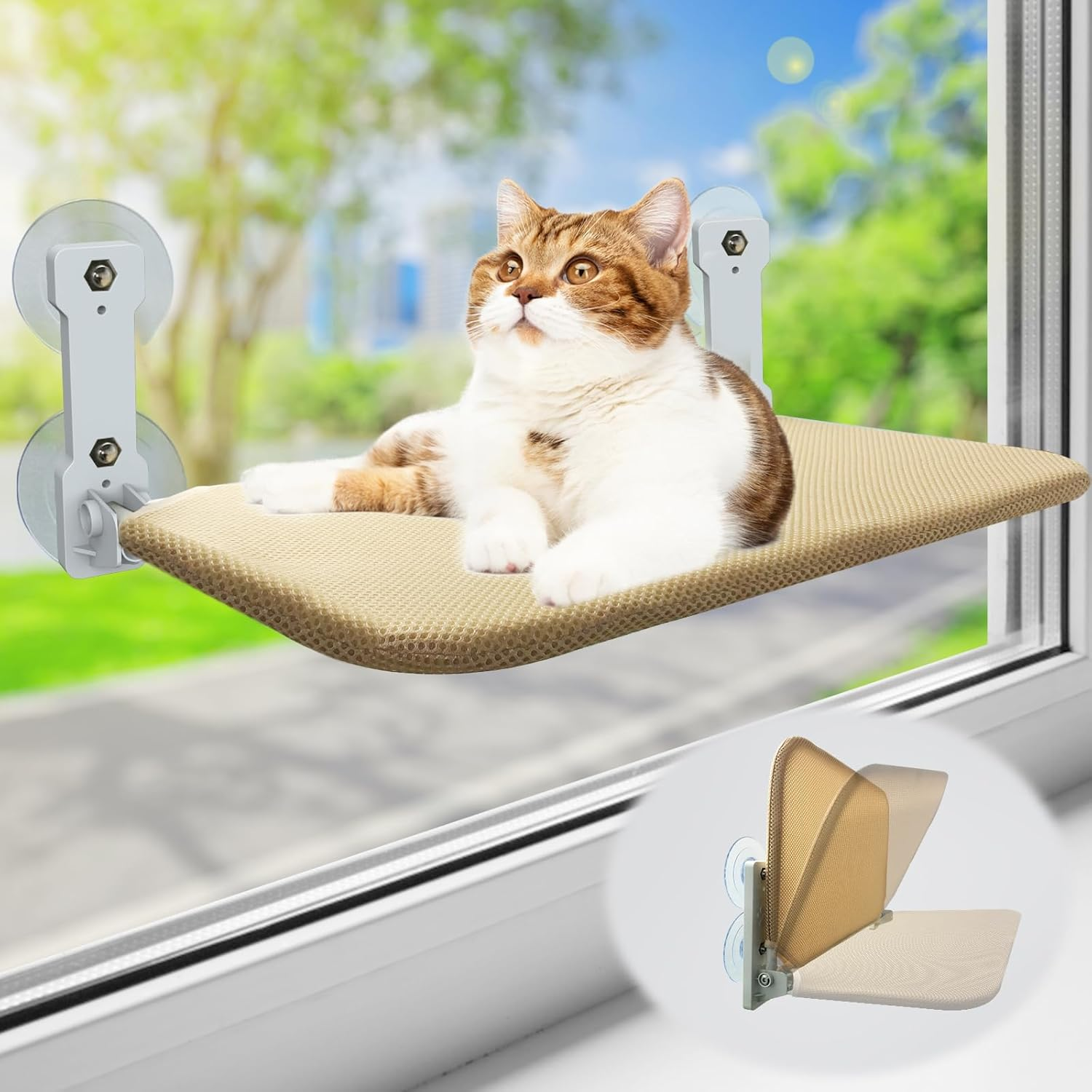 Foldable Cat Window Perch, Cordless Cat Windows Hammock with 4 Strong Suction Cups, Window Cats Beds for Indoor Inside, Large Cats Seat Windowsill Safety with Sturdy Metal Frame Soft Cover image number 3