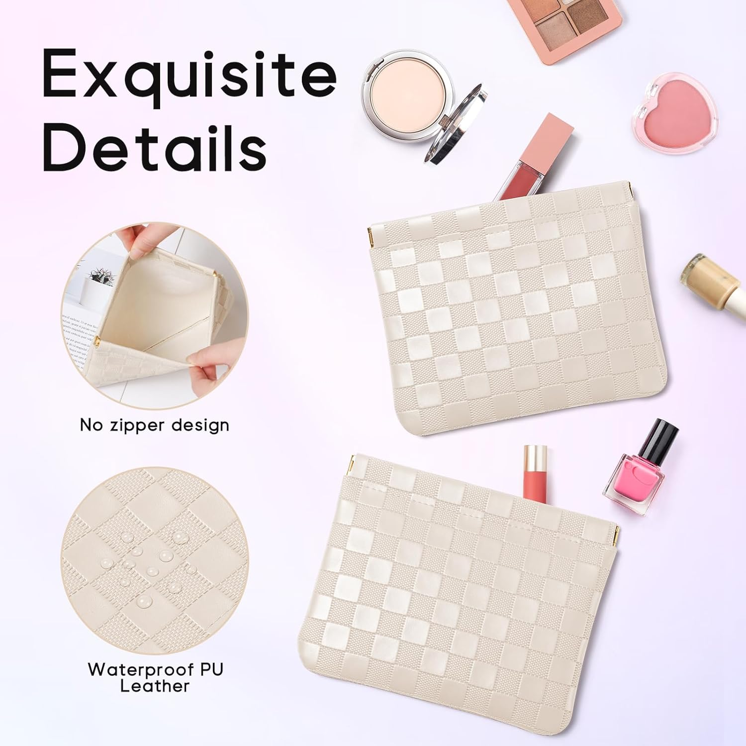 Sightor 2PCS Pocket Cosmetic Bag for Purse, Checkered Makeup Bag Portable Leather Cosmetic Bag for Women, Coin Purse Lipstick Cosmetic Accessories Organizer Travel Cosmetic Pouch, Black, Beige, L, - Black, White image number 4