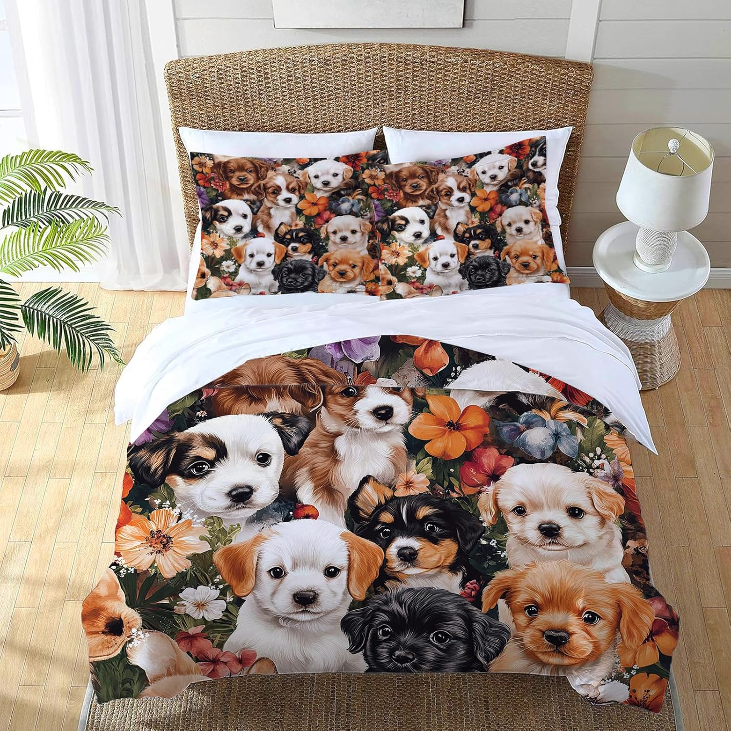 Wosabee Dog Bedding Set Dog Flower Comforter Set Cover Full Size Labrador Retriever Duvet Cover with 2 Pillow Cases for Kids and Adults Soft Quilt Cover for Bedroom Bed Decoration