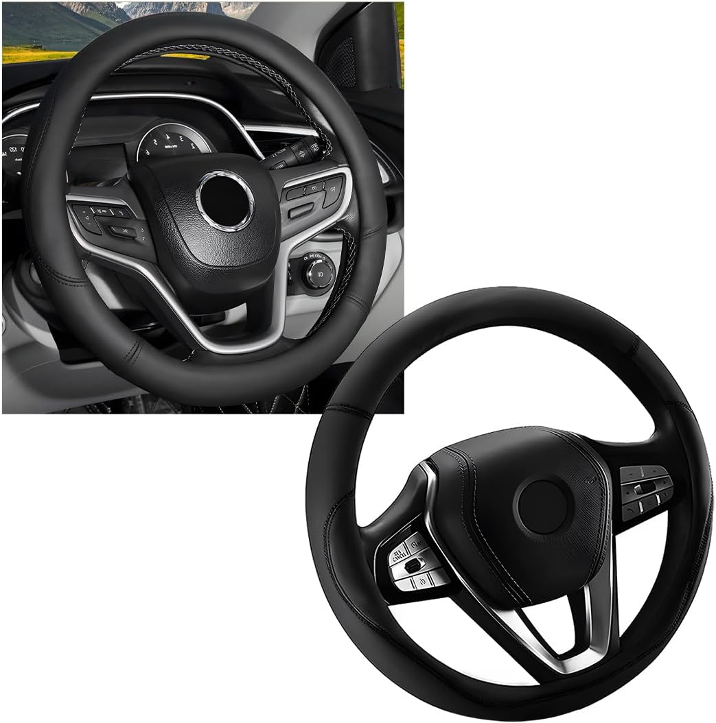 Car Steering Wheel Cover, Premium Leather Steering Wheel Protector with Anti-Slip Lining, Universal 15" Soft Breathable Auto Steering Wheel Cover, Interior Car Accessories (Black)