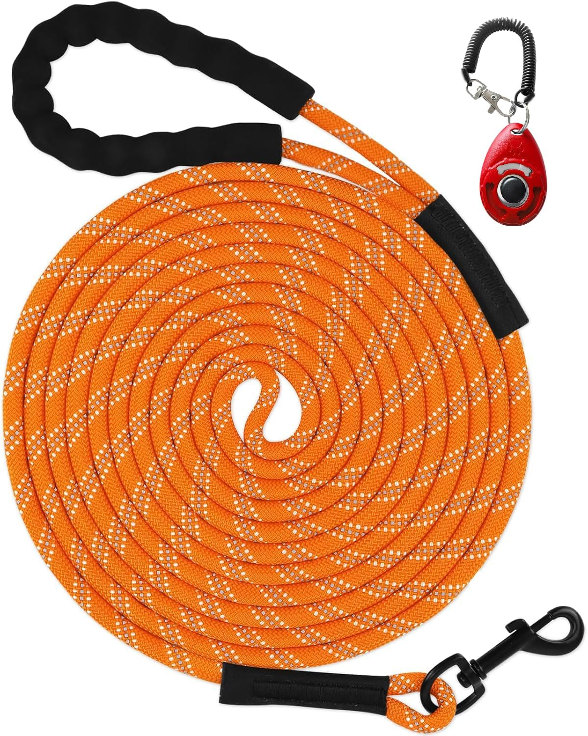 30FT Dog Leash with Training Clicker &ndash; Recall Dog Lead for Training, Walking, Camping &ndash; Durable Nylon with Padded Handle, Reflective Stitching, for Small, Medium & Large Dogs (Orange, 30FT) image number 3