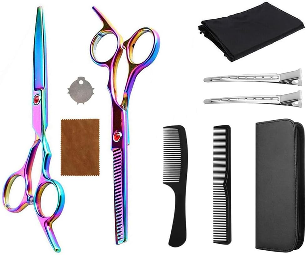 Vivva Hair Cutting Scissors Kit,10 Pcs Professional Haircut Scissors Kit with Cutting Scissors,Thinning Scissors,Comb,Barber Cape,Hair Clips,Hairdressing Shears Set for Barber and Home Rainbow image number 1