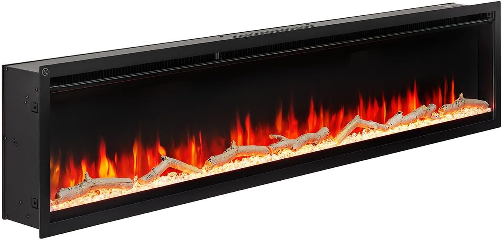 Modaliving Nocturne 1500W Recessed Electric Fireplace Built-In Slim Wall Heater with Remote Control Timer Flame and Fuel Bed Lighting in 60 Inch Sizes (60)