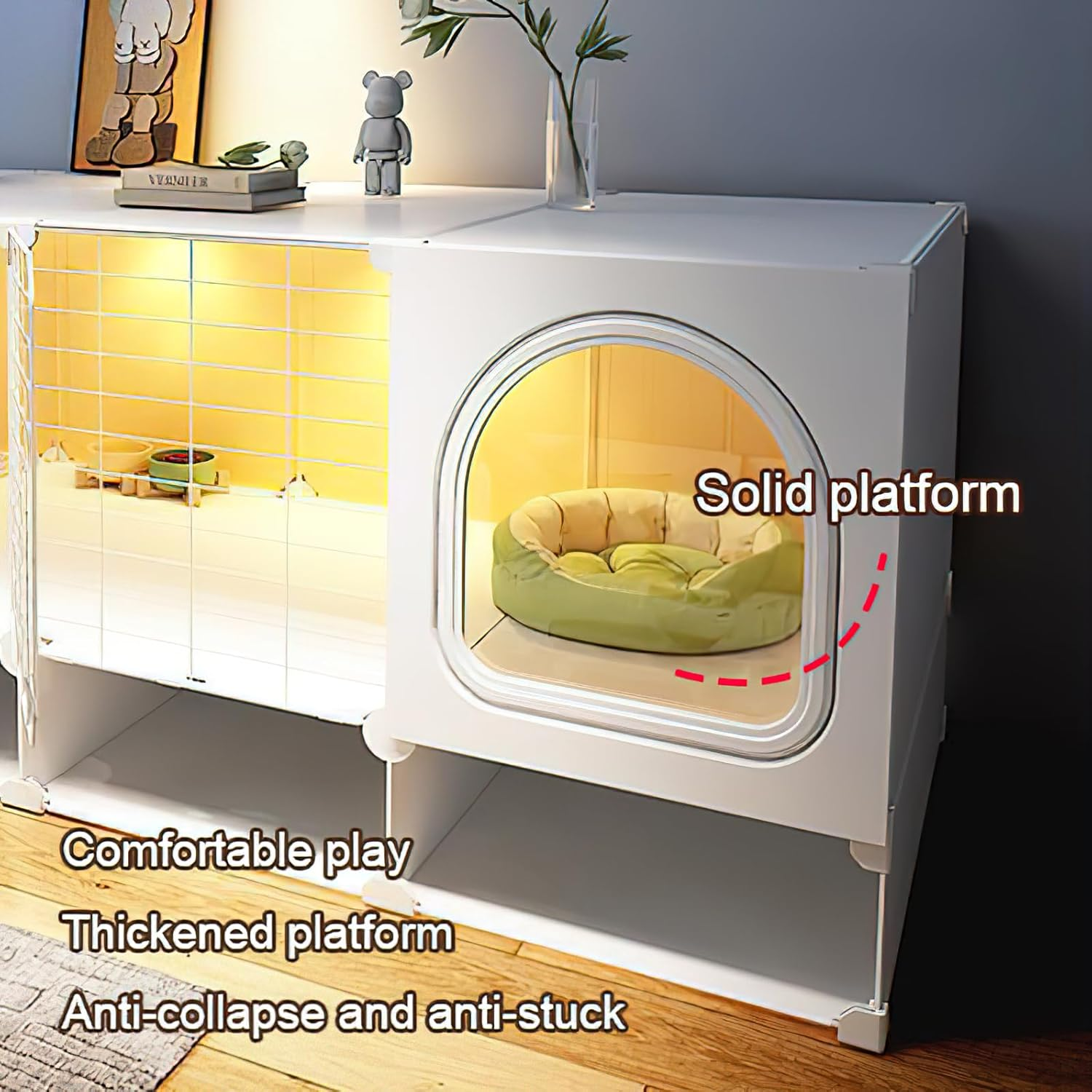 XXYSPT Cat Cage Cat House for Indoor Cats and Small Dogs, 2-Tier Large Enclosure with Litter Area, Storage, Cozy Bed Space, Transparent Panels & Top Fence, Modern White, 140X45X52Cm (55X17.7X20.5In) image number 5