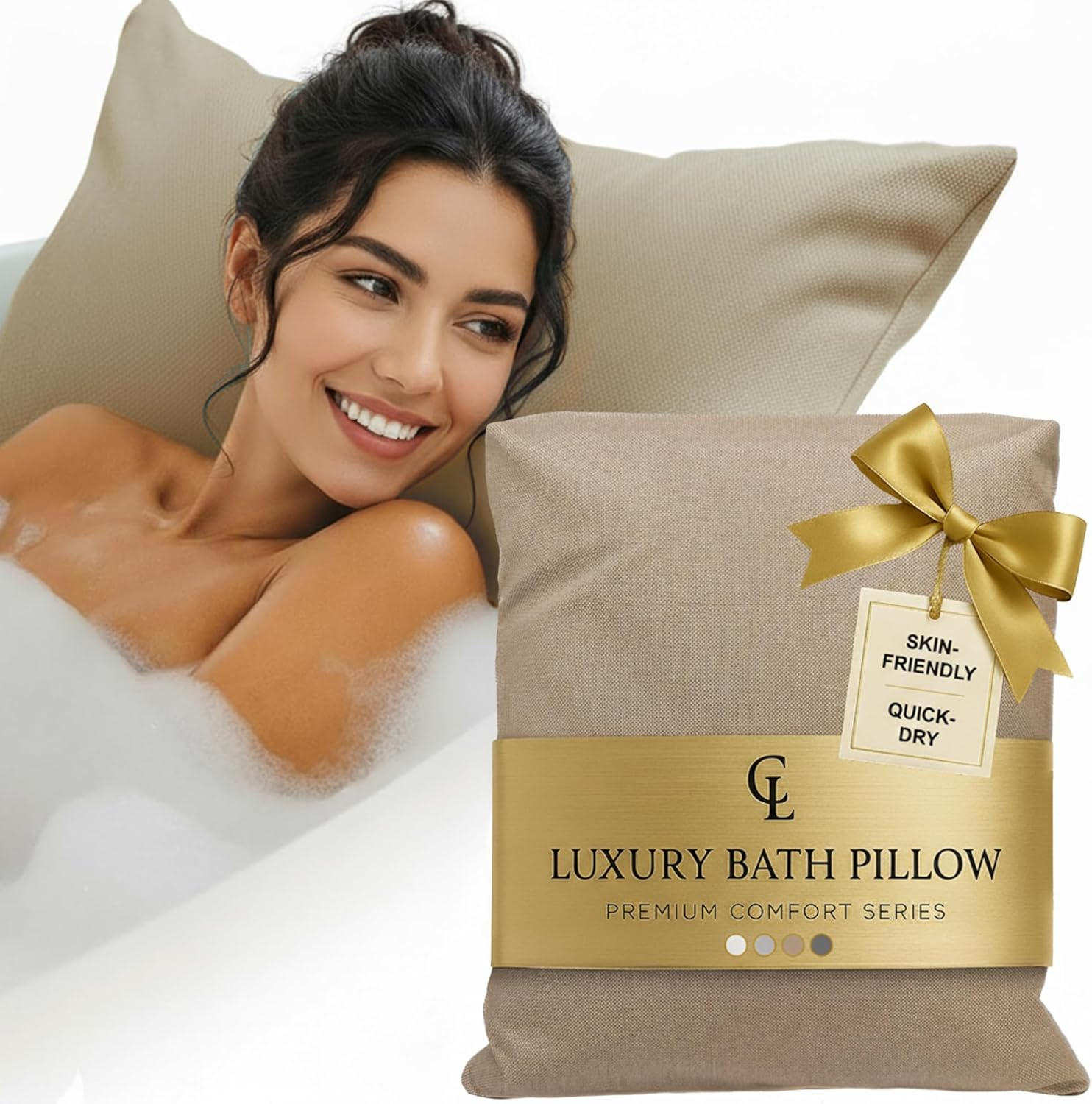 Luxury Bath Pillow for Tub - Thick and Comfortable Bathtub Pillow Support for Head and Neck and Back - Washable Quick-Drying Bath Pillows - Bath Cushion for Home Spa - Fits Any Bathtub - Sand
