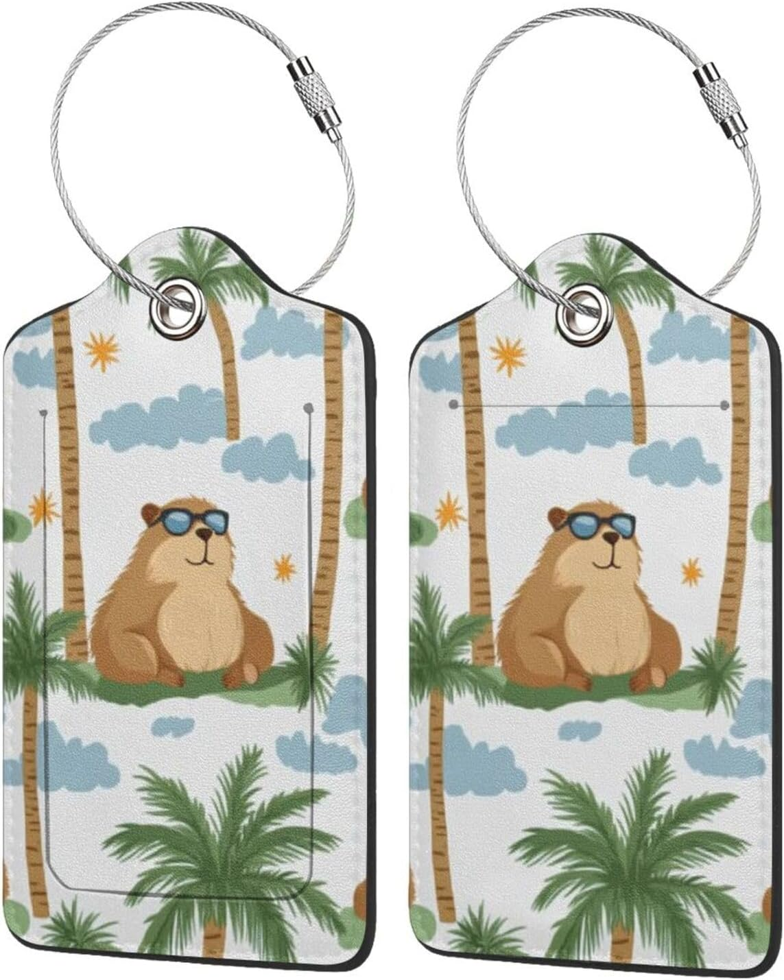 Generic Beach Cute Capybara Print Luggage Tags, Leather Stainless Steel Loop Label Tag for Travel Bag Suitcase