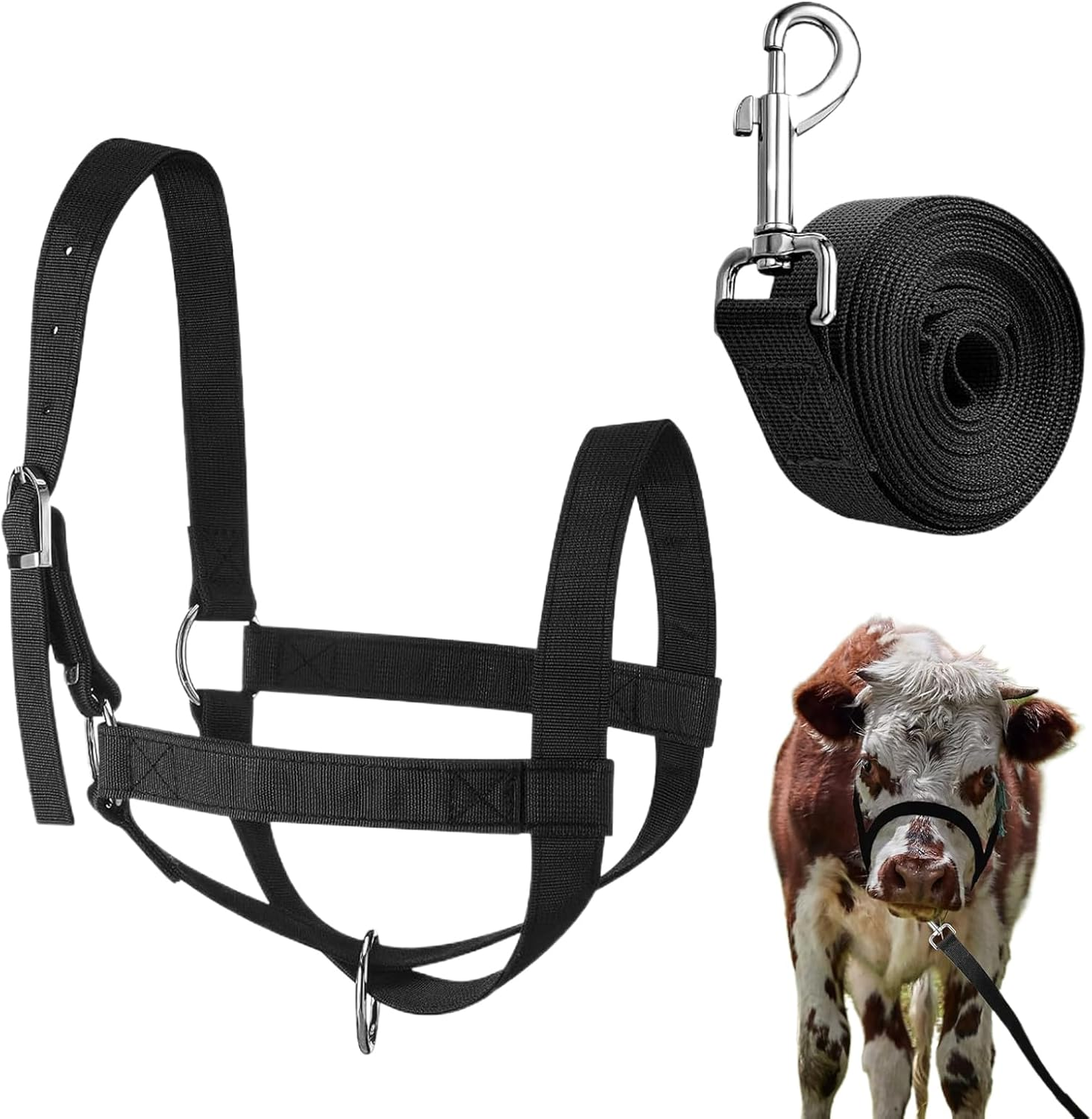 Cow Halter for Cattle, Calf Halter and Lead Rope, Show Livestock Heavy-Duty Nylon Adjustable for Ranch Farm Lawn Yard Grassland Goat Horse Foal Lamb image number 3