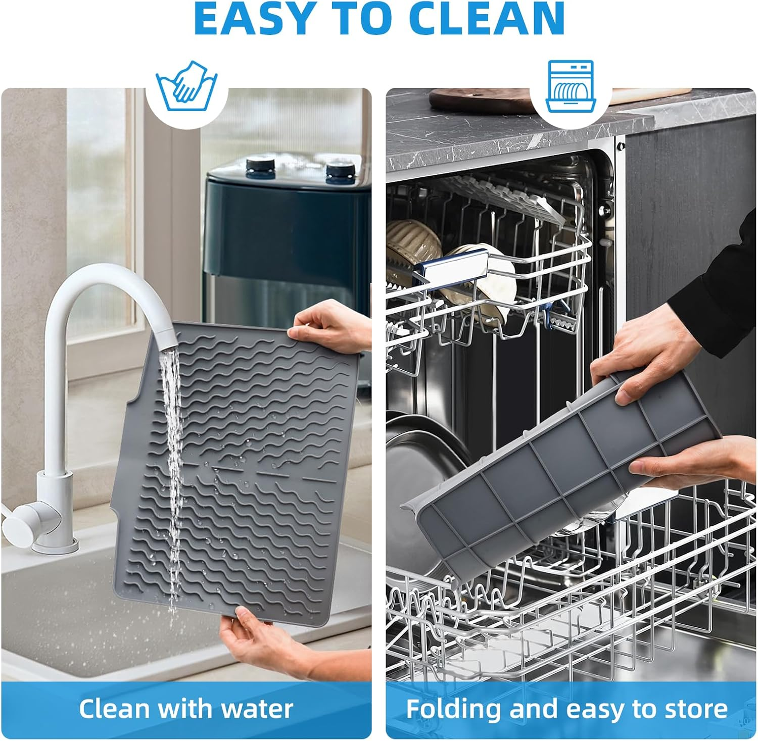 Silicone Dish Drying Mat for Kitchen Counter,Non Slip Drain Pad,Dish Drying Mats with Built in Drain,Large Dish Drying Mat,Silicone Soap Dish,Easy to Clean Drying Pad.Set of 3(Grey) image number 4