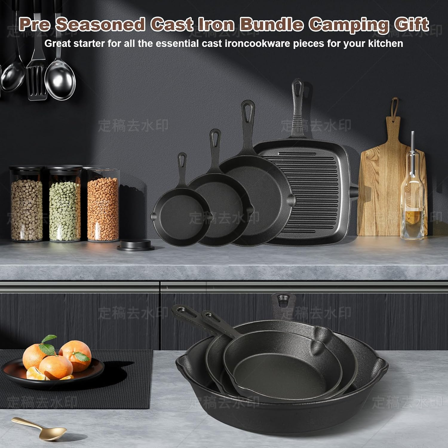 YIYOBEATFO Pre-Seasoned Cast Iron Skillets,4 Piece Durable Pots and Pans Set with Handle Covers for Grill, BBQ, Camping Fire, Stovetop, Kitchen and Camping Cookware image number 3