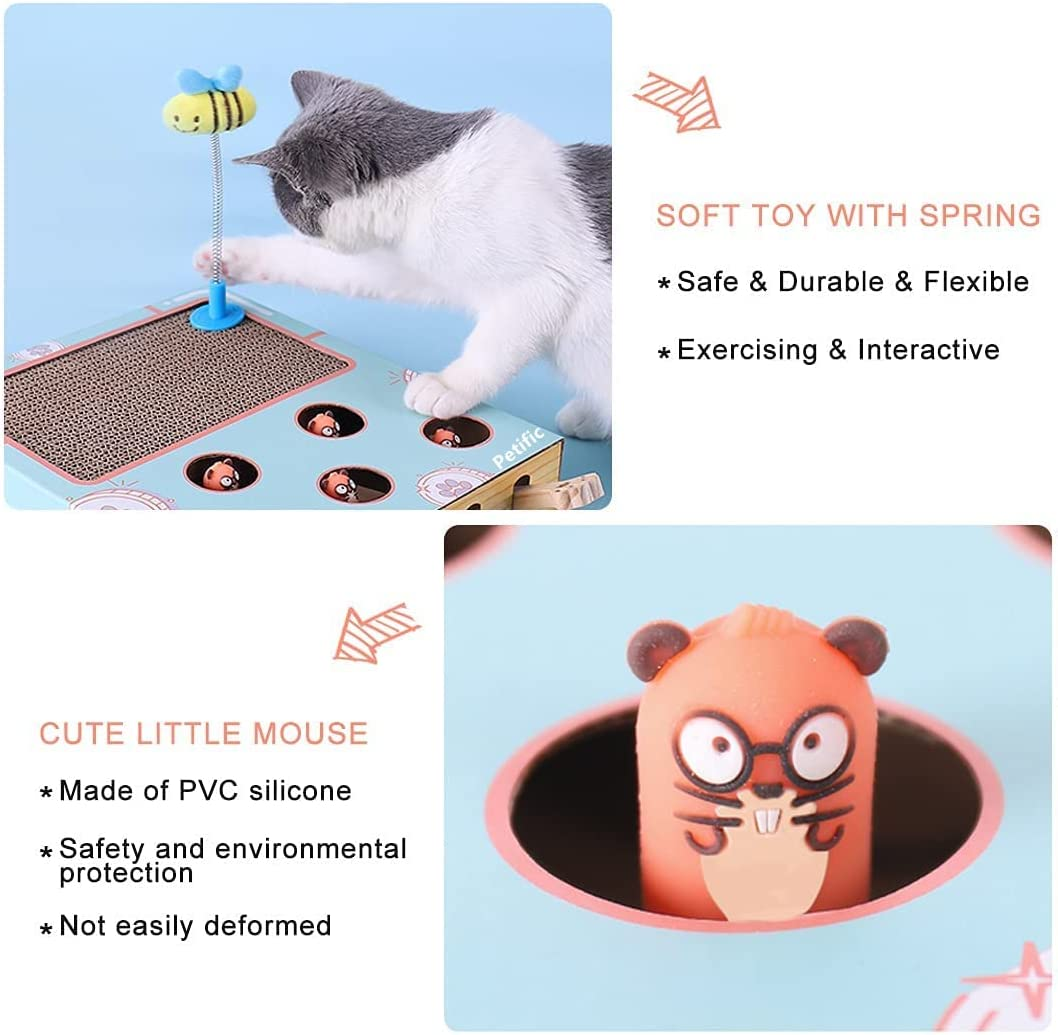 3-In-1 Corrugated Cardboard Cat Scratcher, Cat Scratch Pad with Whack a Mole Game and Funny Cat Stick, Multi-Purpose Scratching Pad, Thickened Durable Cat Scratcher Toy for Indoor Cats