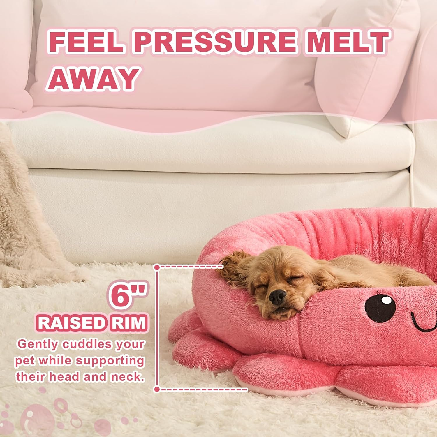 Jiupety Cute Calming Dog Beds Clearance for Large Dogs, Anxiety Bolster Dog Bed with Octopus Shape, Pink, Red, Boho, round Pet Bed Cat with Removable Cushion image number 7