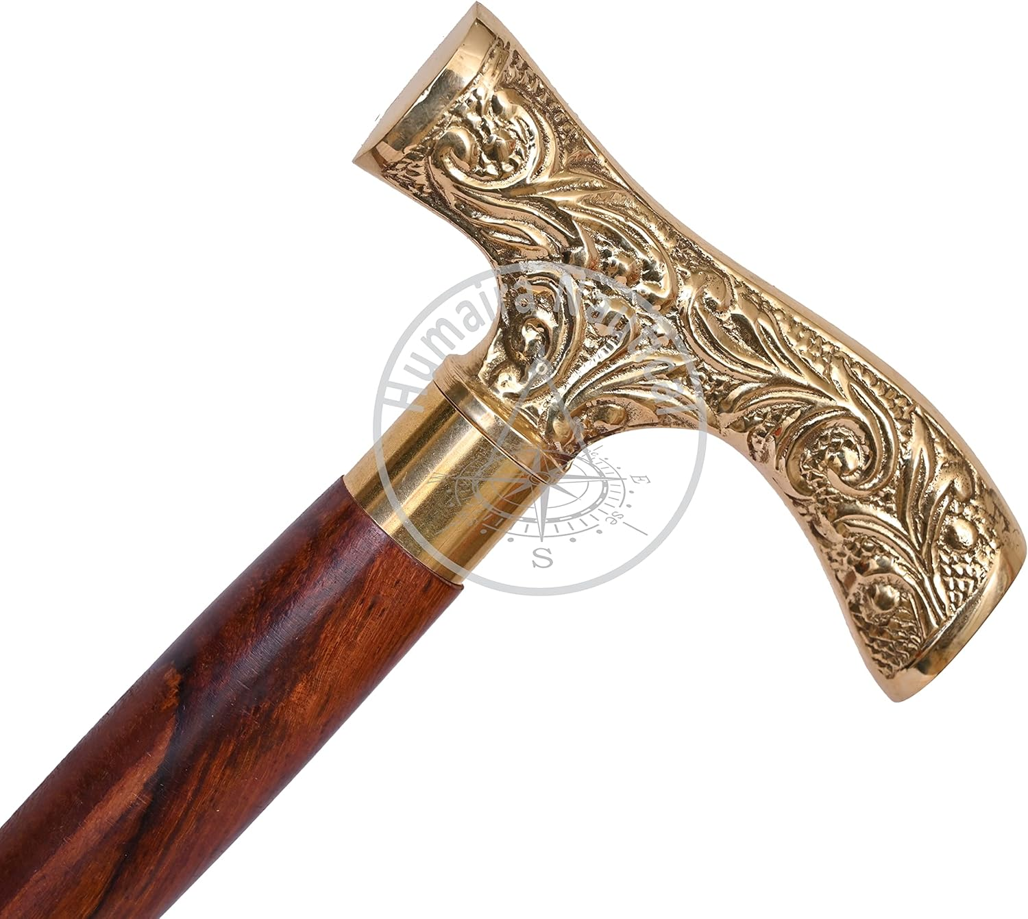 Humaira Nautical Walking Stick - Men Derby Canes and Wooden Walking Stick for Men and Women - 37" Brown Ebony Brass T Shape Handle in Golden Tone Natural Wood Unisex Cane image number 1