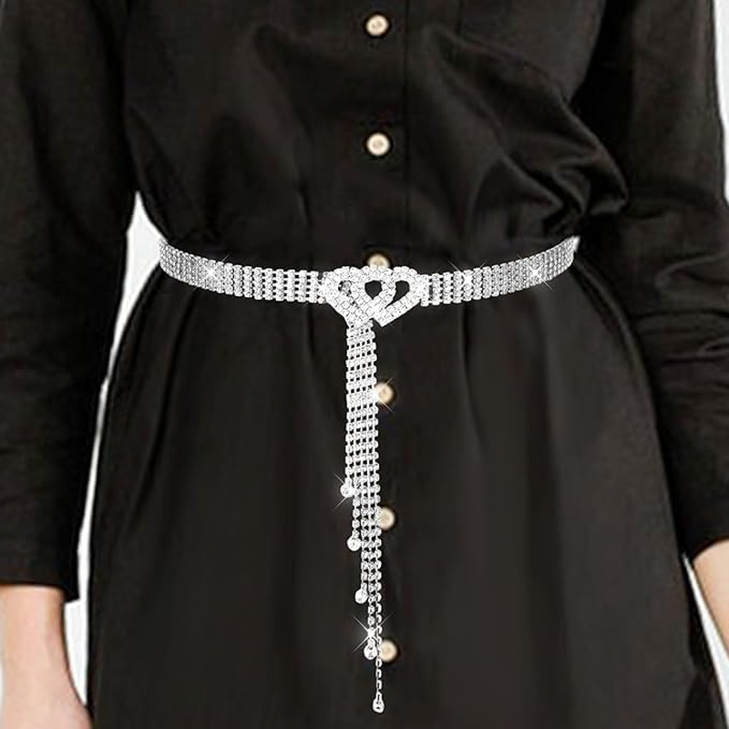Rhinestone Waist Belt with Heart Buckle, Crystal Waist Chain Belt Adjustable Shiny Diamond Waistband Belt for Women image number 2