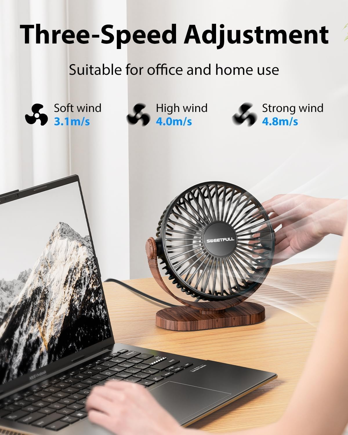 SWEETFULL Desk Fan, Small USB Fan Quiet, 3 Speed Portable Table Fan, 360&deg; Adjustable Personal Desktop Fan with Wood-Pattern for Bedroom Office, Summer Gifts for Friends and Family, Black - Black image number 3