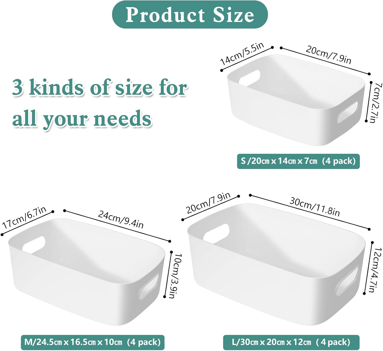 12 Pack Plastic Storage Baskets, Plastic Storage Bins with 3 Different Sizes, Home Kitchen Tidy Organiser with Handles for Kitchen Cupboard Office Bathroom Home (White)