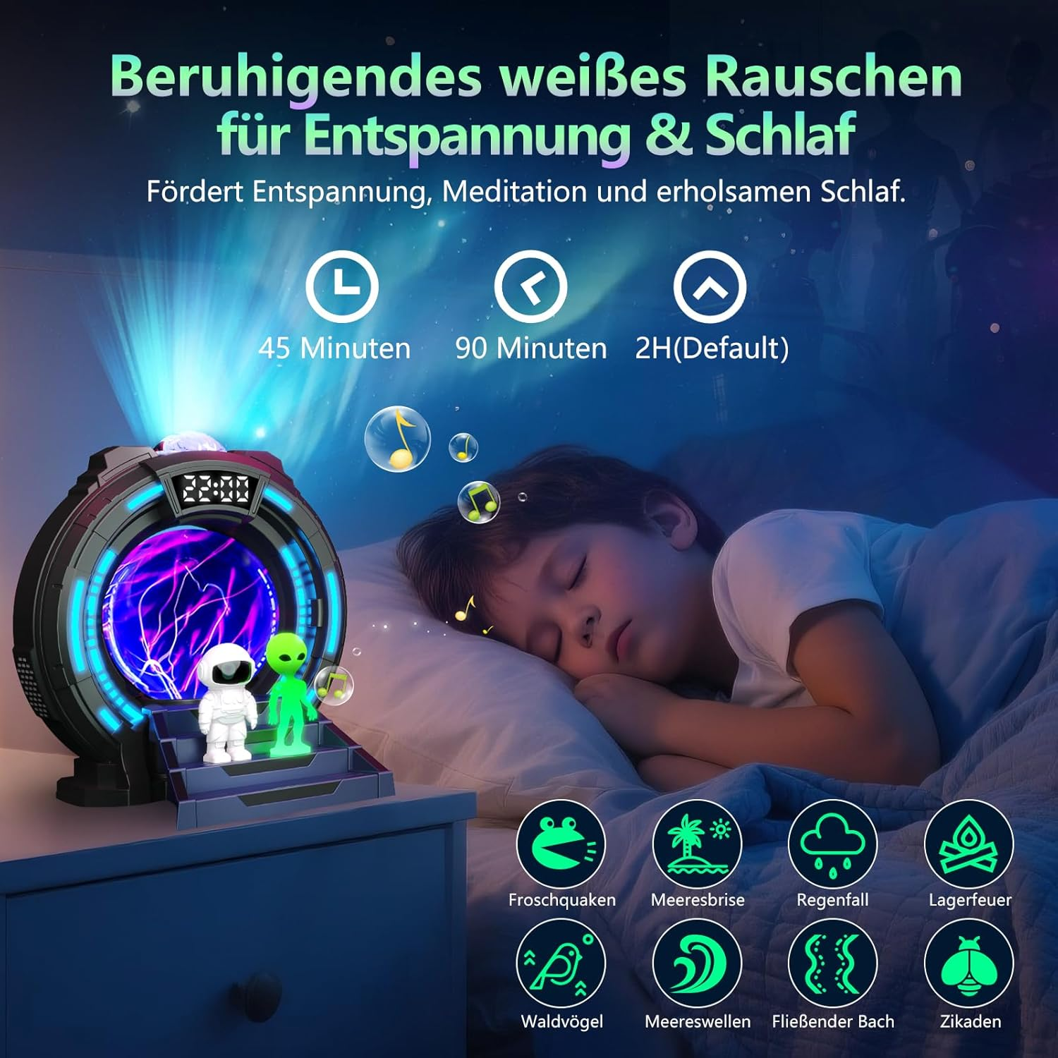 Galaxy Projector Starry Sky Projector Aurora Lamp with 8 Aurora Lights & 8 White Noise, Astronaut Projector with Plasma Ball, Bluetooth Speaker, Clock & Alarm Clock, Children image number 3