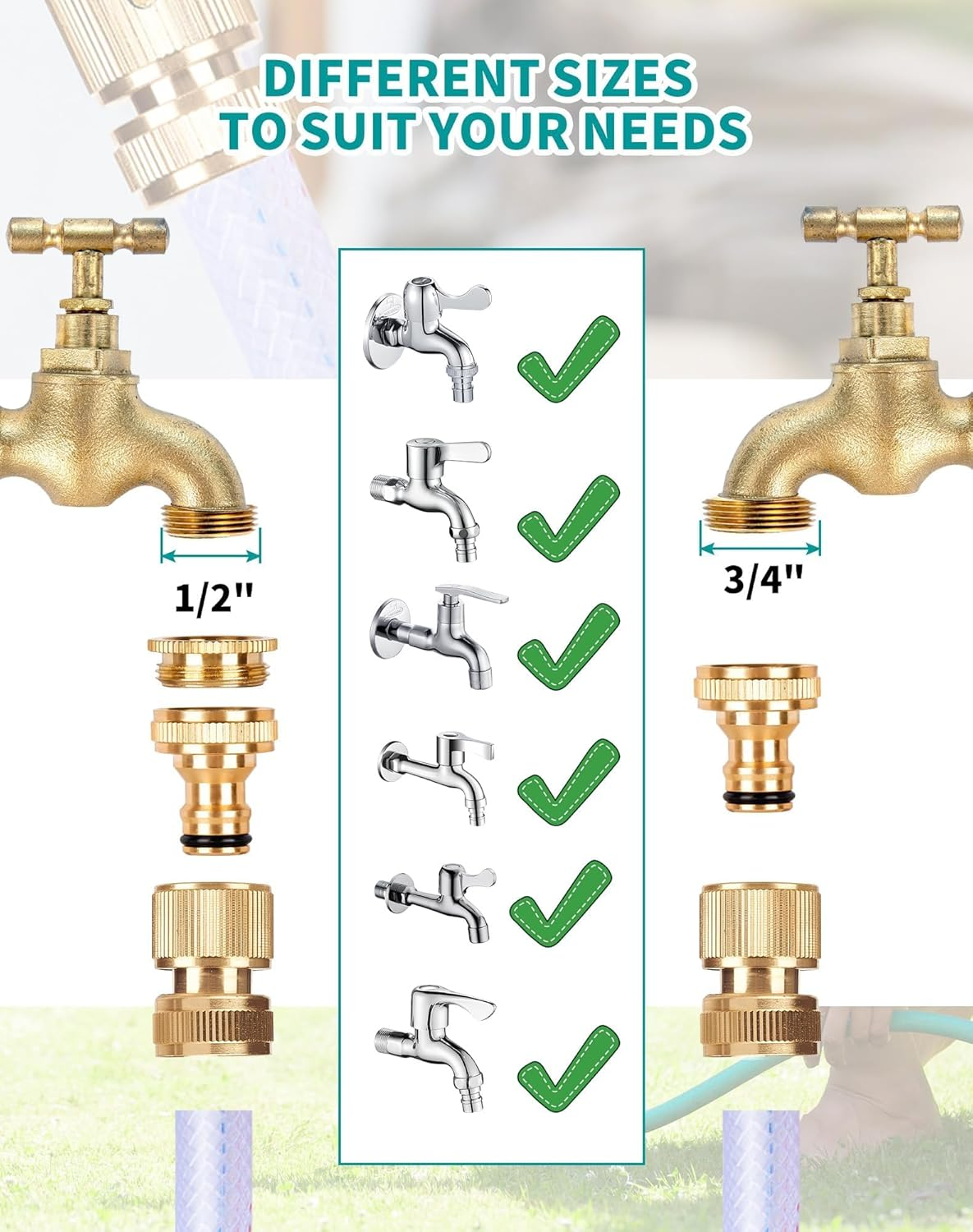 MLUOTALY Garden Hose Connector Kit, 1/2 Inch and 3/4 Inch Solid Brass Hose Tap Connectors, Tap Connector with Sealing Ring for Outdoor, Garden, Courtyard, Lawn (9Pack) image number 4