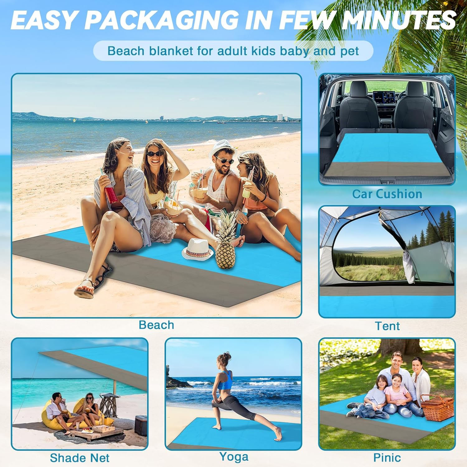 YOYI YOYI Sandproof Beach Mat, Waterproof Picnic Blanket, Lightweight Portable Beach Mat for 1-2 Adults, Quick Drying Travel Rug For&ndash;For Beach, Picnic, Outdoor Adventures & Hiking(175X140Cm) image number 2