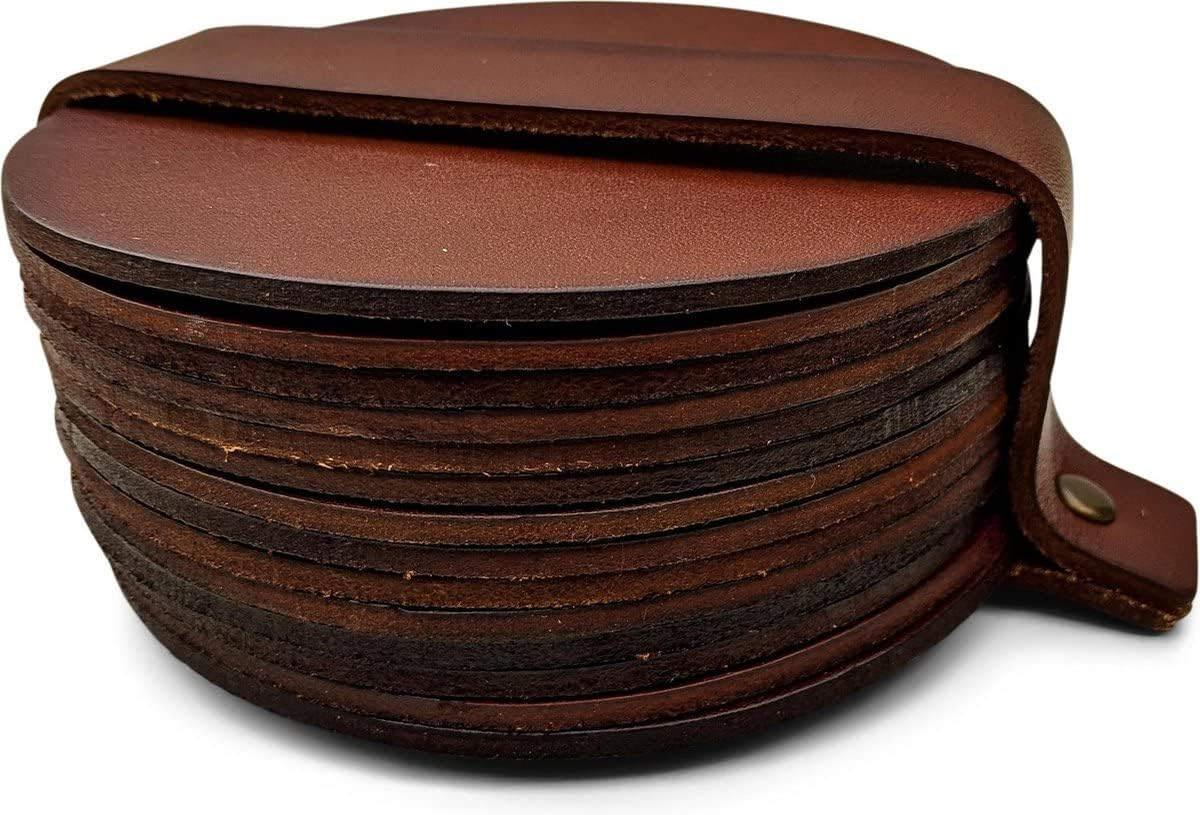 Brute Strength - Full Grain Leather Coasters - Black - round - Pack of 10 - round Glass Coasters - Drinks Coasters