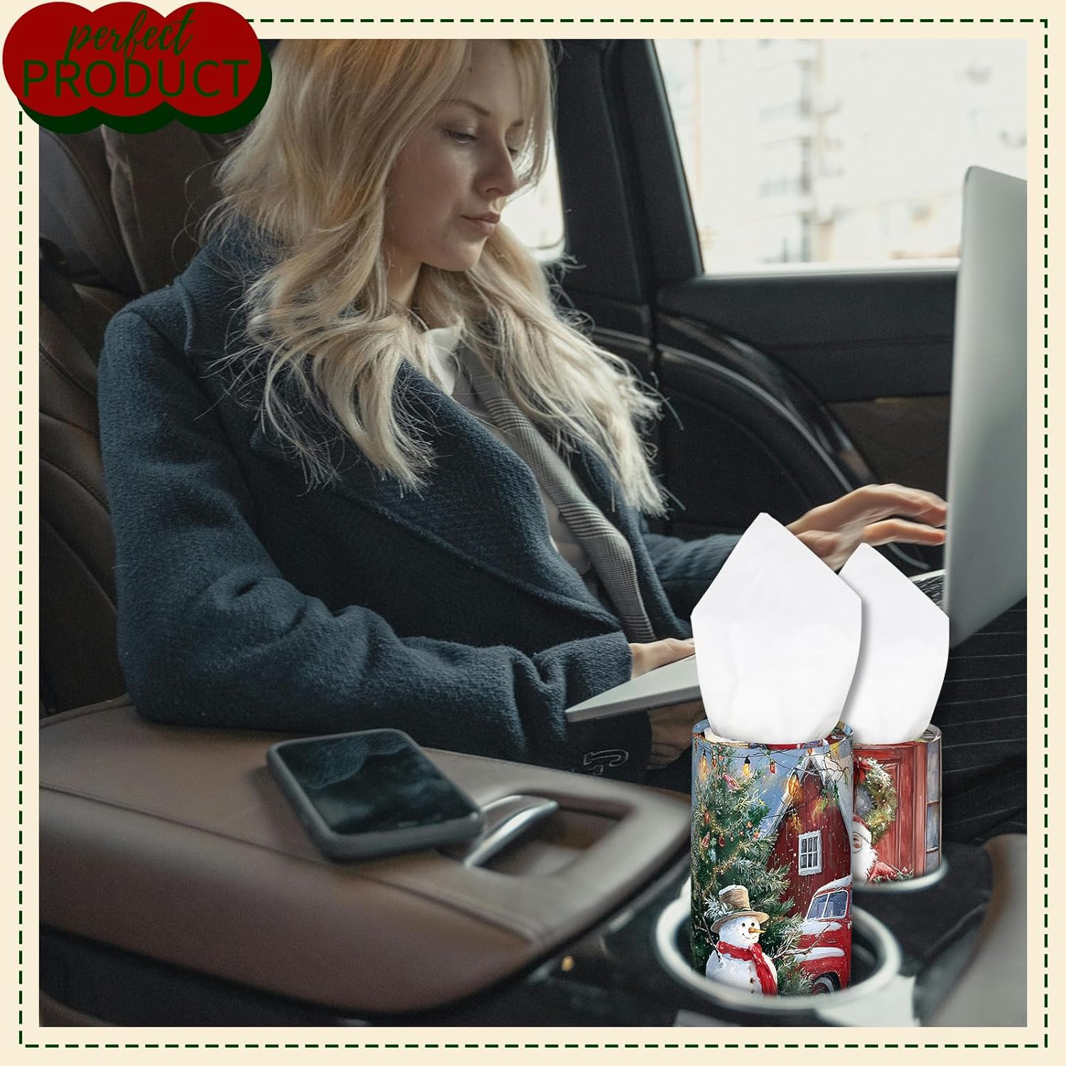 4 Pcs Christmas Car Tissue Holders with Facial Tissues, round Boxes with Festive Santa, Cardinal, Horse, and Snowman Designs, Winter Holiday Essentials for Car, Home, and Office - Style C image number 6
