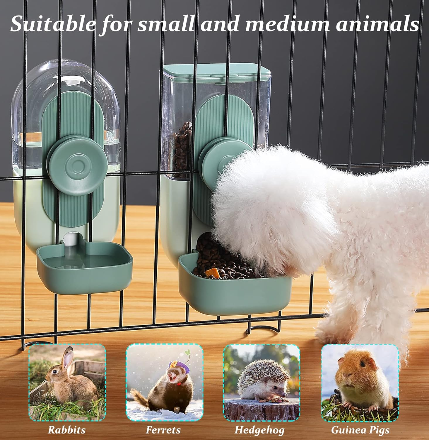 Kenond 35Oz Hanging Automatic Pet Food Water Dispenser, Auto Gravity Pet Feeder and Waterer Set, Cage Cat Food Bowl Dog Feeding Station for Puppy and Kitten Rabbit Chinchilla Hedgehog Ferret (Green) image number 3