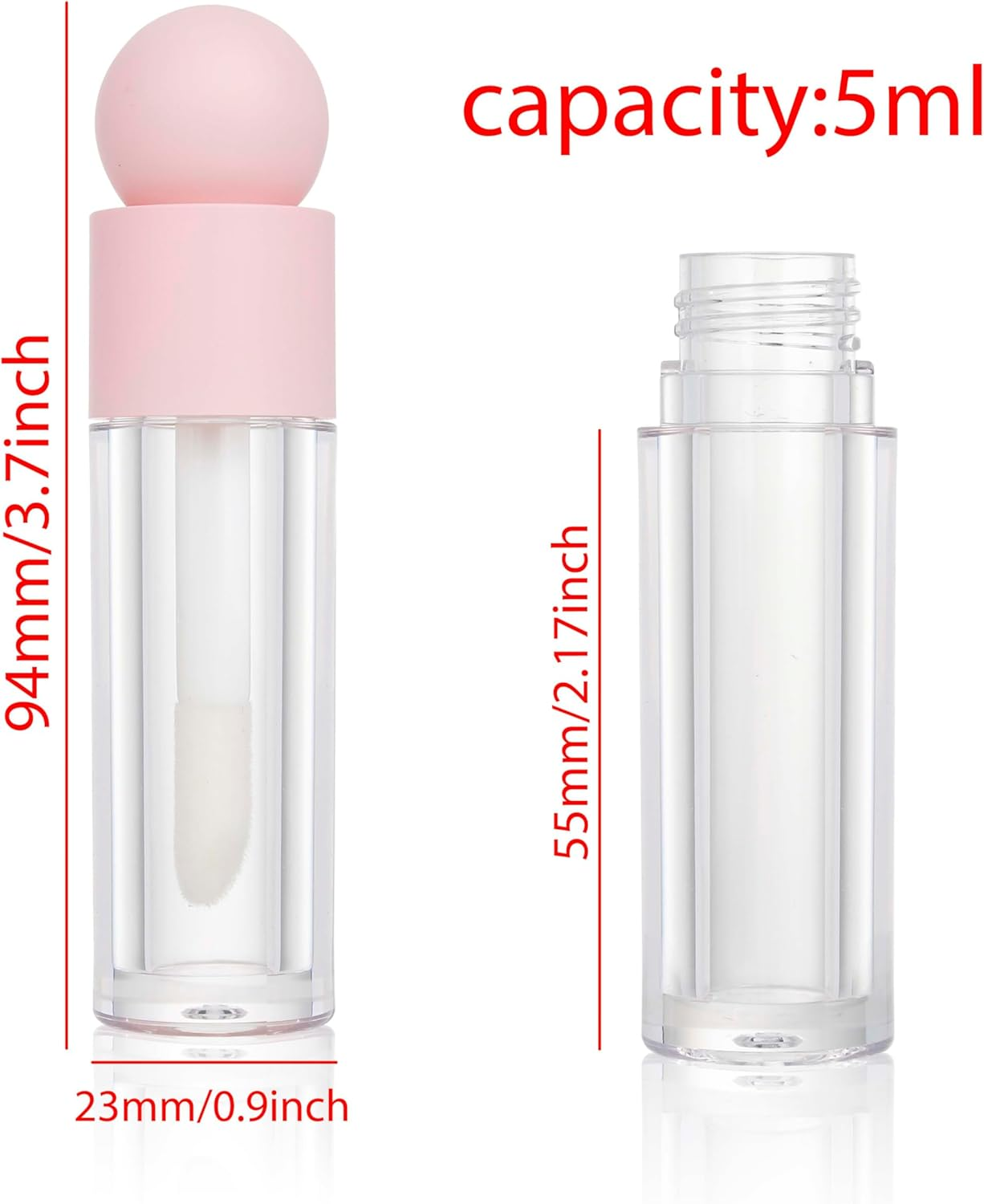 COSIDEA 30Pcs Empty 5Ml Pink Lip Gloss Tubes with Big Wand Large Deo Foot Brush Lipgloss Tube Container with Ball Shape Cap - Pink image number 2