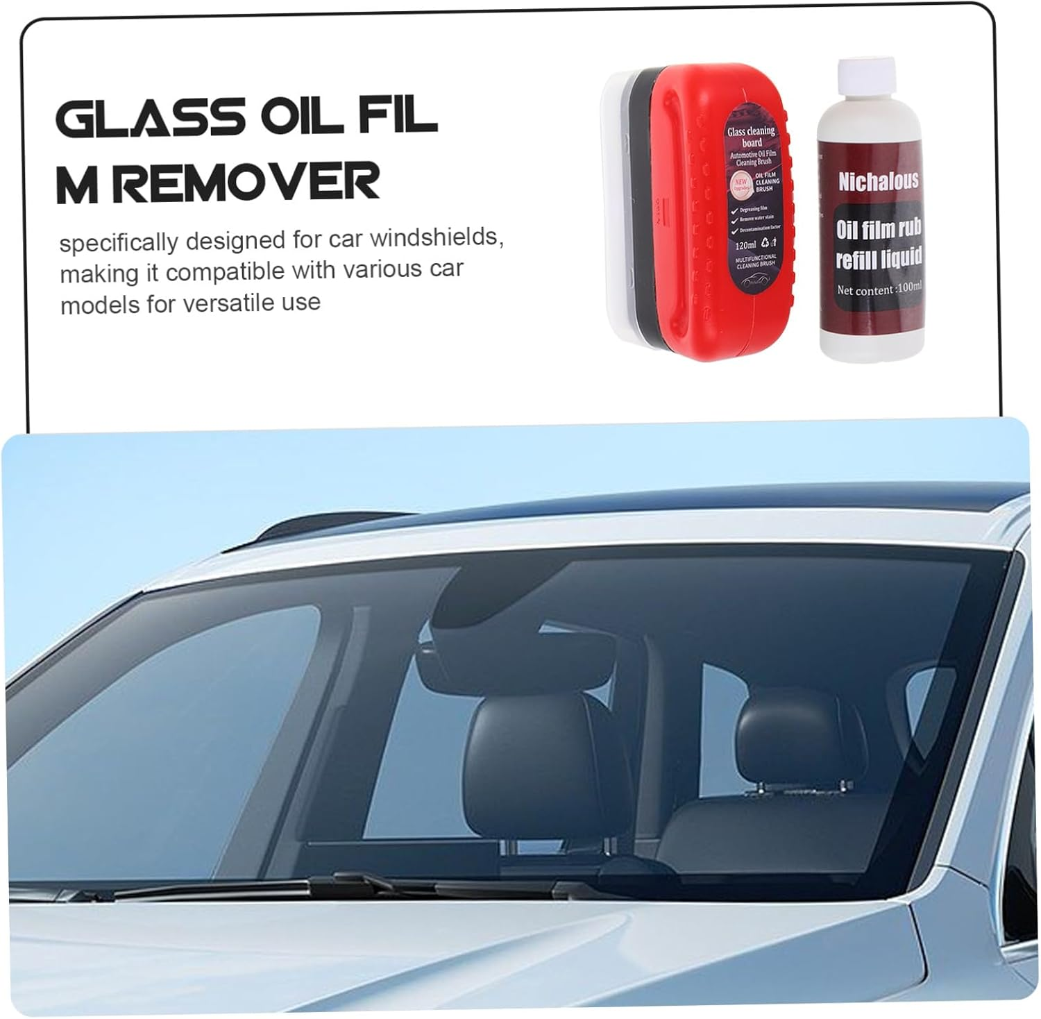 ULTECHNOVO High Efficiency Car Window Cleaner Tool with Innovative Brush Multifunctional Automotive Glass Oil Film Remover for Clear Windscreen Compact Portable Glass Board Cleaner