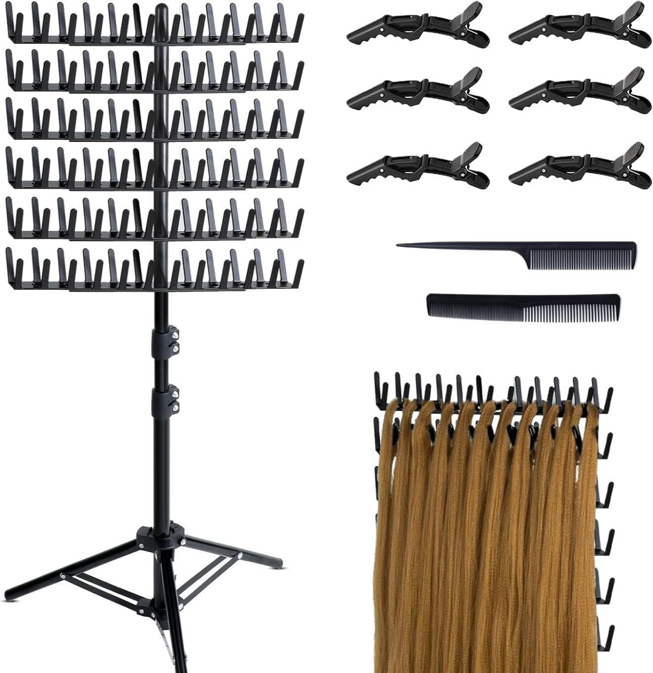 Adjustable Braiding Hair Rack, Wig Stand with 144 Pegs for Hairstylists and Braiders, Hair Extension Holder image number 1