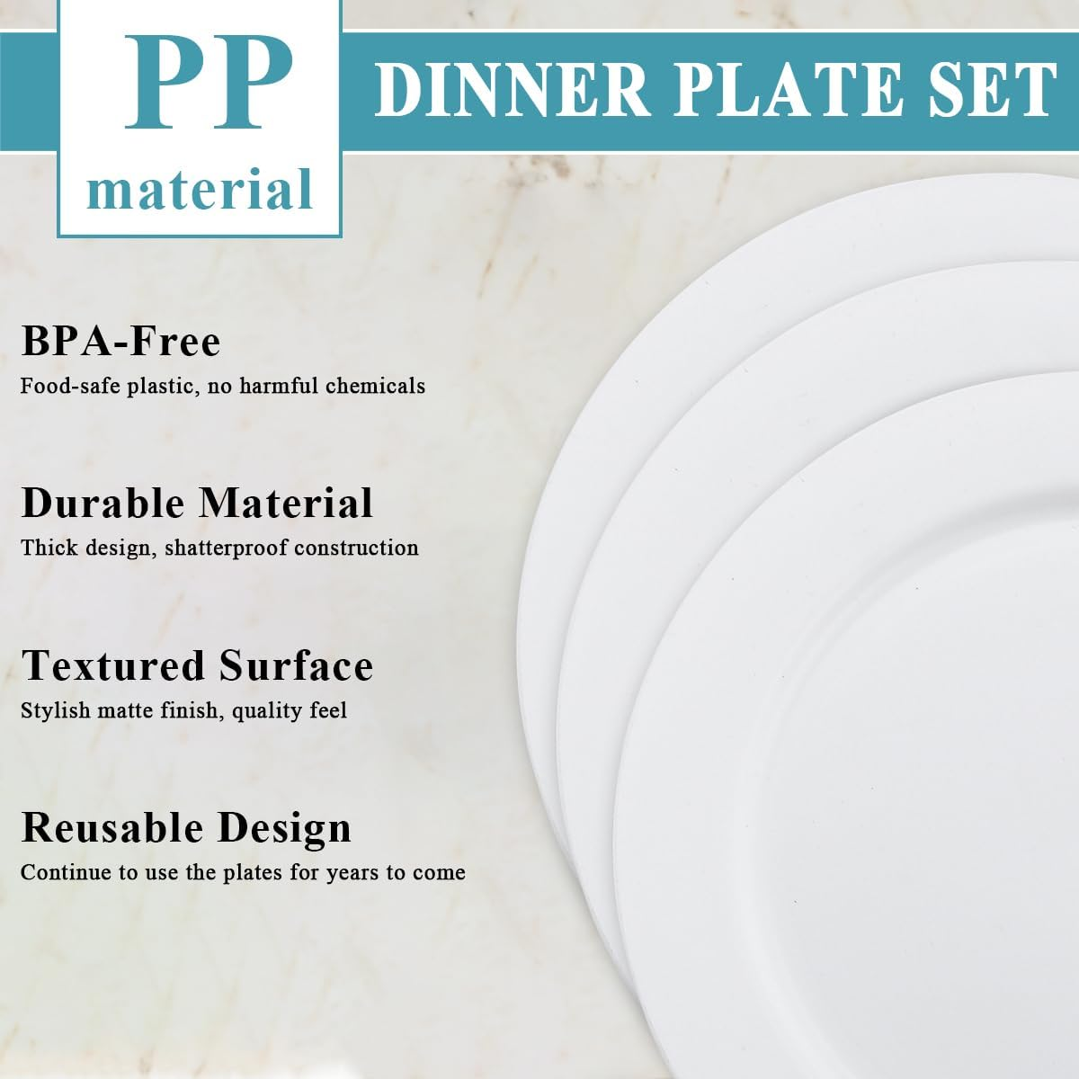 Berglander White Plastic Plates Set of 12 Pieces 10", Reusable and Unbreakable Flat Dinner Plates, Salad Plates, Pasta Bowls, Dishes Set Easy to Carry for Home, Garden, Picnic, Camping, Outdoor image number 2