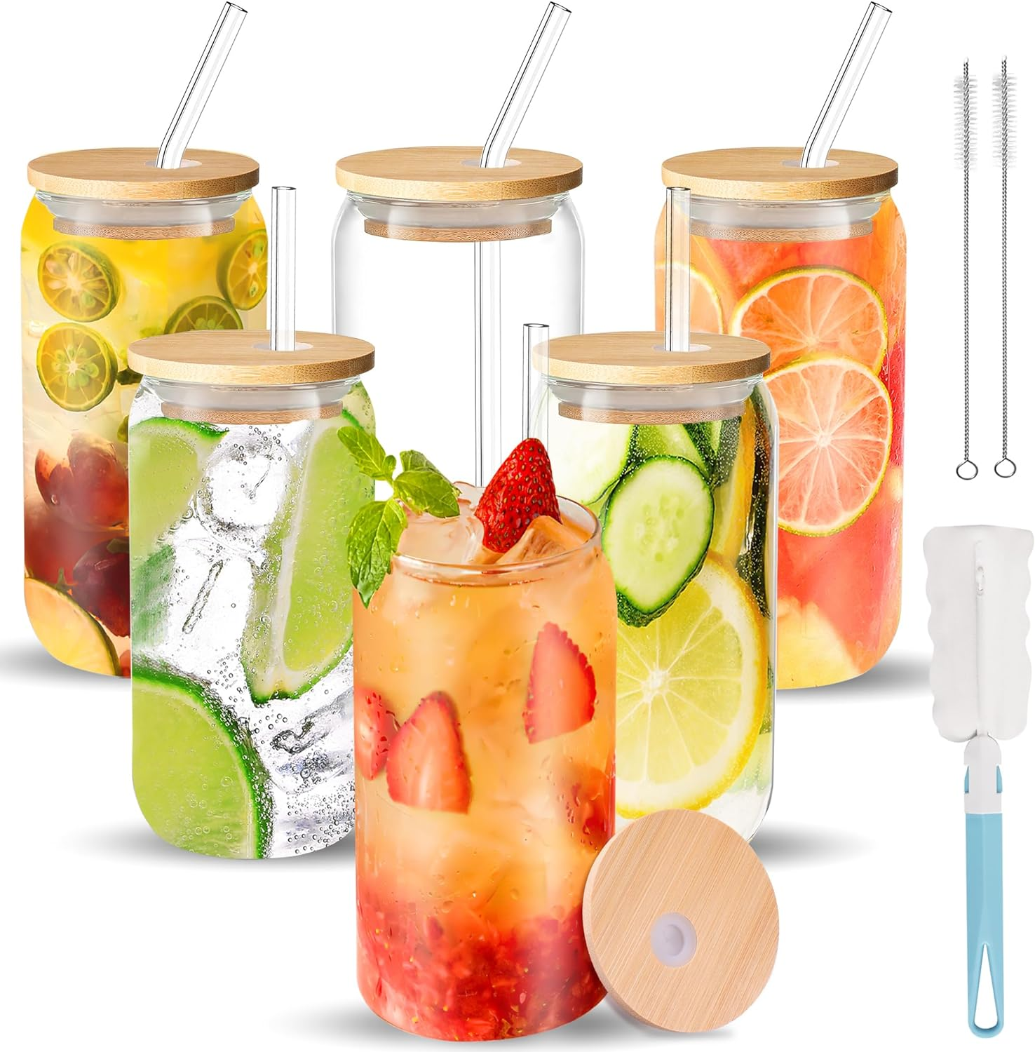 Drinking Glasses with Bamboo Lids and Glass Straw,16Oz Can Shaped Glass Cups, Beer Glasses, Iced Coffee Cups, Clear Glass Tumbler with Straw, for Cocktail, Whiskey, Gift Set(6 Pack) image number 6