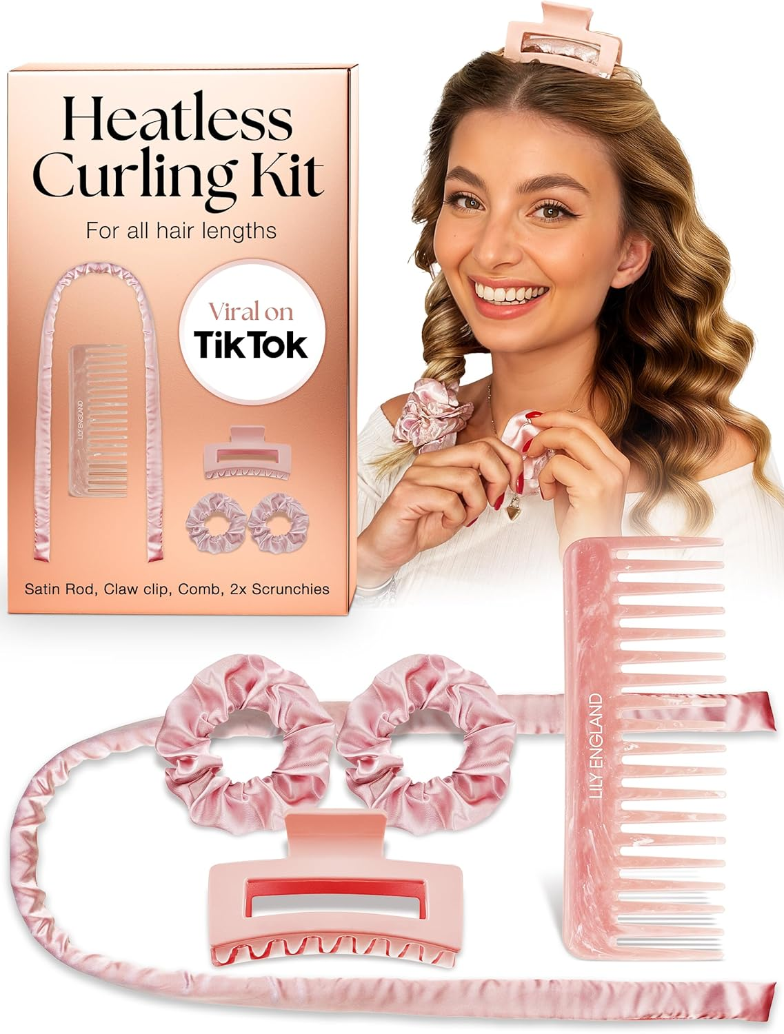 Lily England Heatless Hair Curlers to Sleep in - No Heat Curling Gift Set Includes Satin Headband, Hair Clip, Comb & 2 Scrunchies - Sleek & Smooth Overnight Curls (Peach, 6 Pack) image number 4