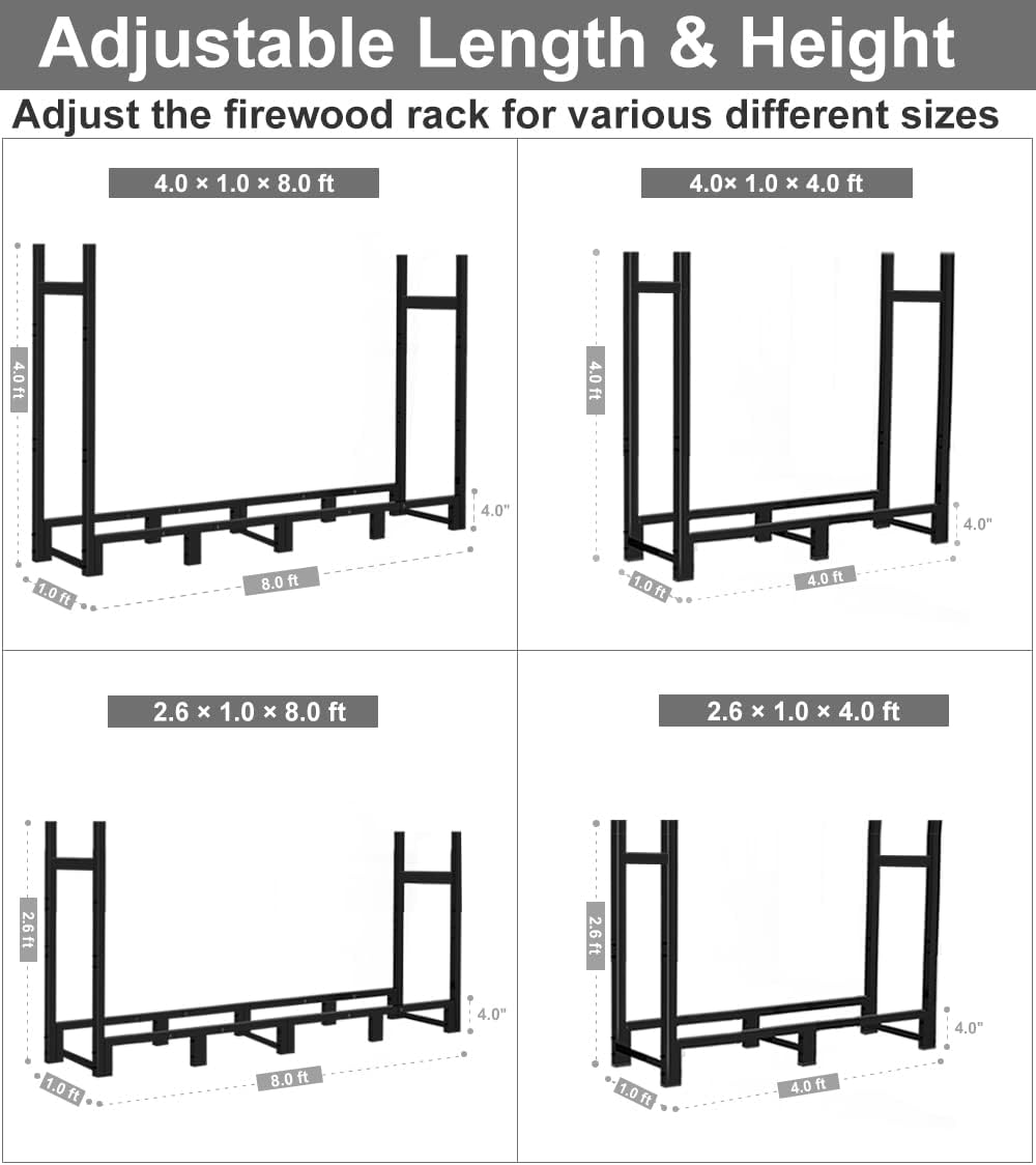 8Ft Firewood Rack Outdoor Adjustable Heavy Duty Wood Rack Fire Wood Holder for Indoor Storage Fireplace Metal Lumber Organizer Stand Stacker, Black