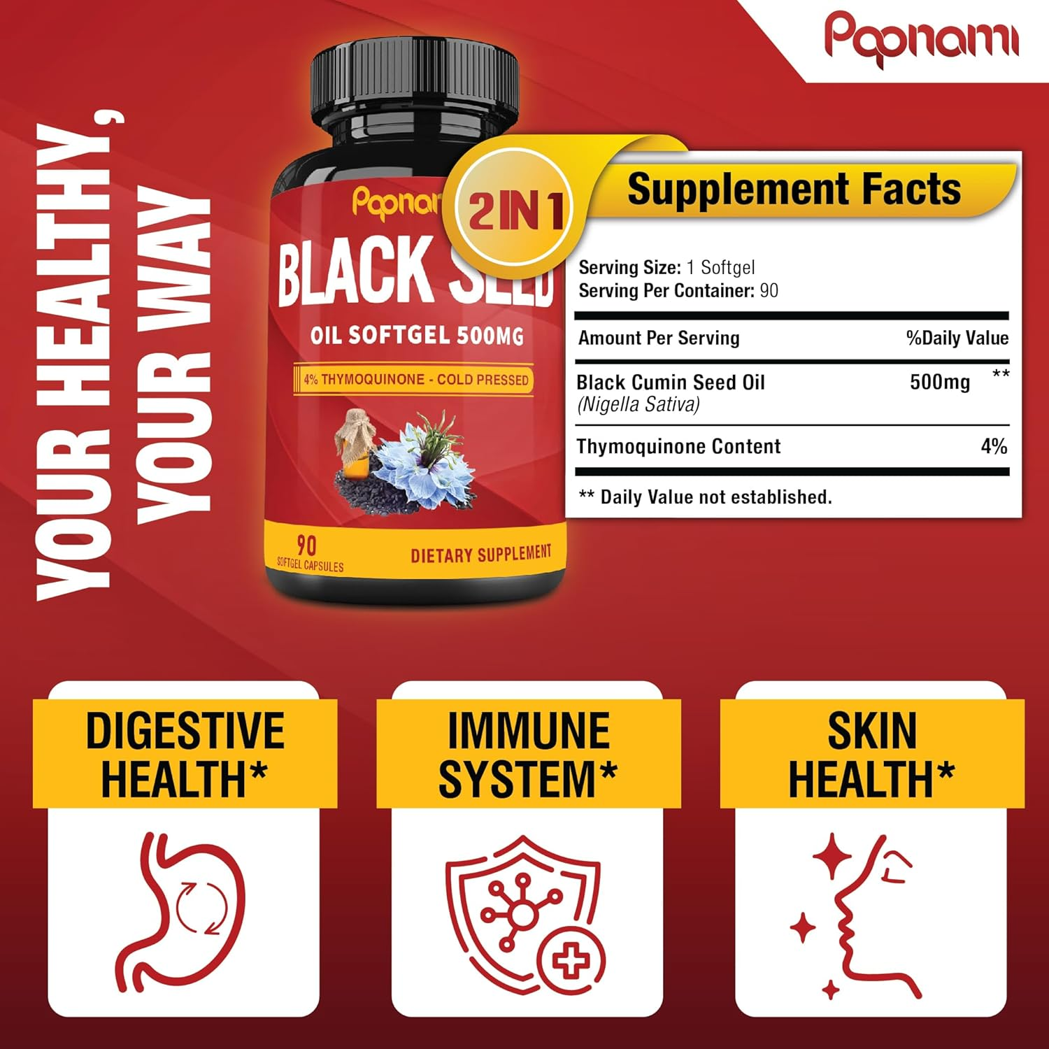 Organic Premium Black Seed Oil Capsules, 3 Months Supply | 4% Thymoquinone, Vitamin E, Omega 3 6 9