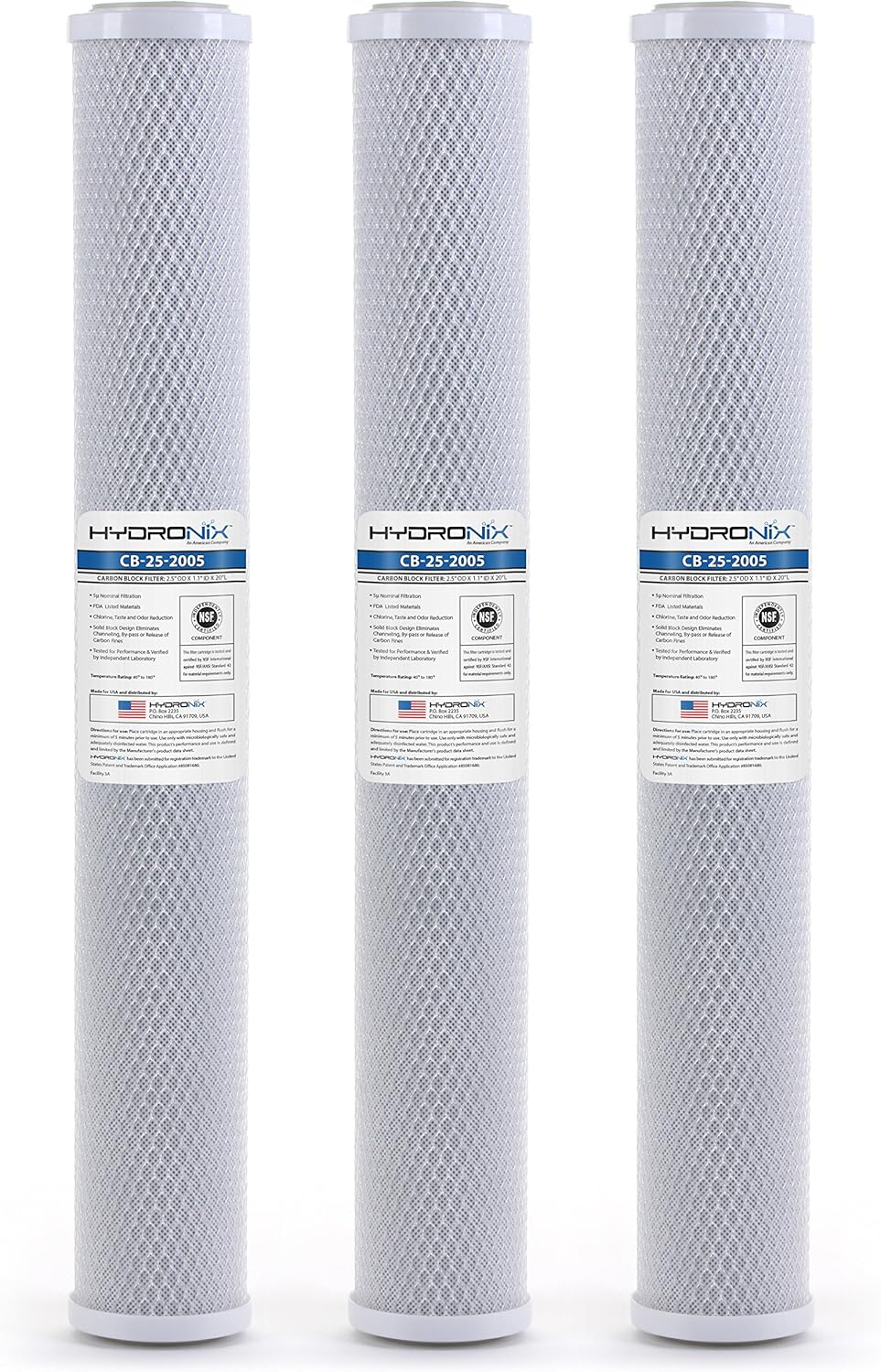 Hydronix HX-CB-25-2005/3 Universal NSF Coconut Activated Carbon Block Water Filter, 2.5" X 20"-5 Micron, 1 Count (Pack of 3), White image number 1