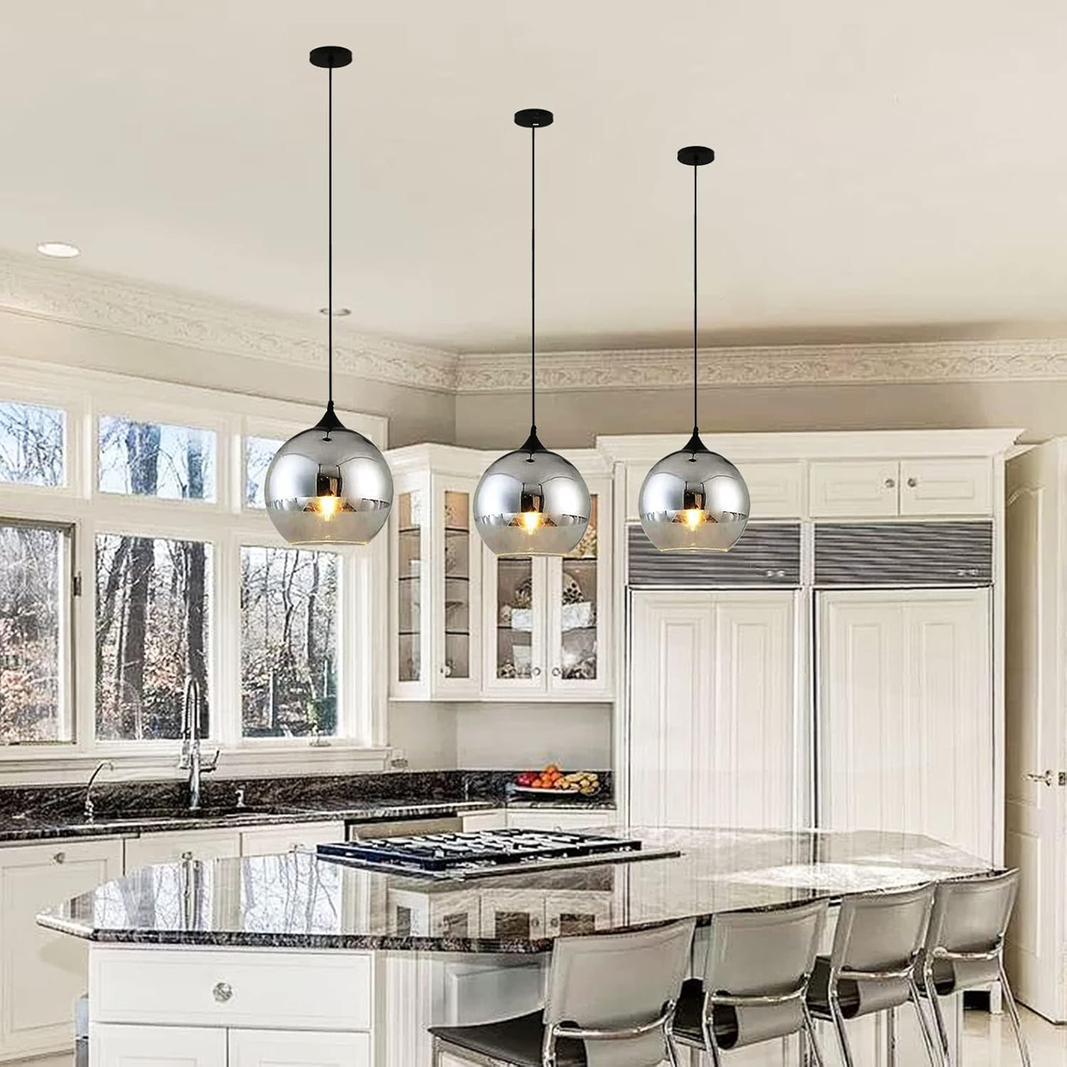 DGY-1004 Wooden Plated Glass Ball Lampshade Modern Simple Ceiling Light Pendant Lamp Kitchen Island Dining Room Bedroom Chandelier (Silver, 20 Cm) image number 2