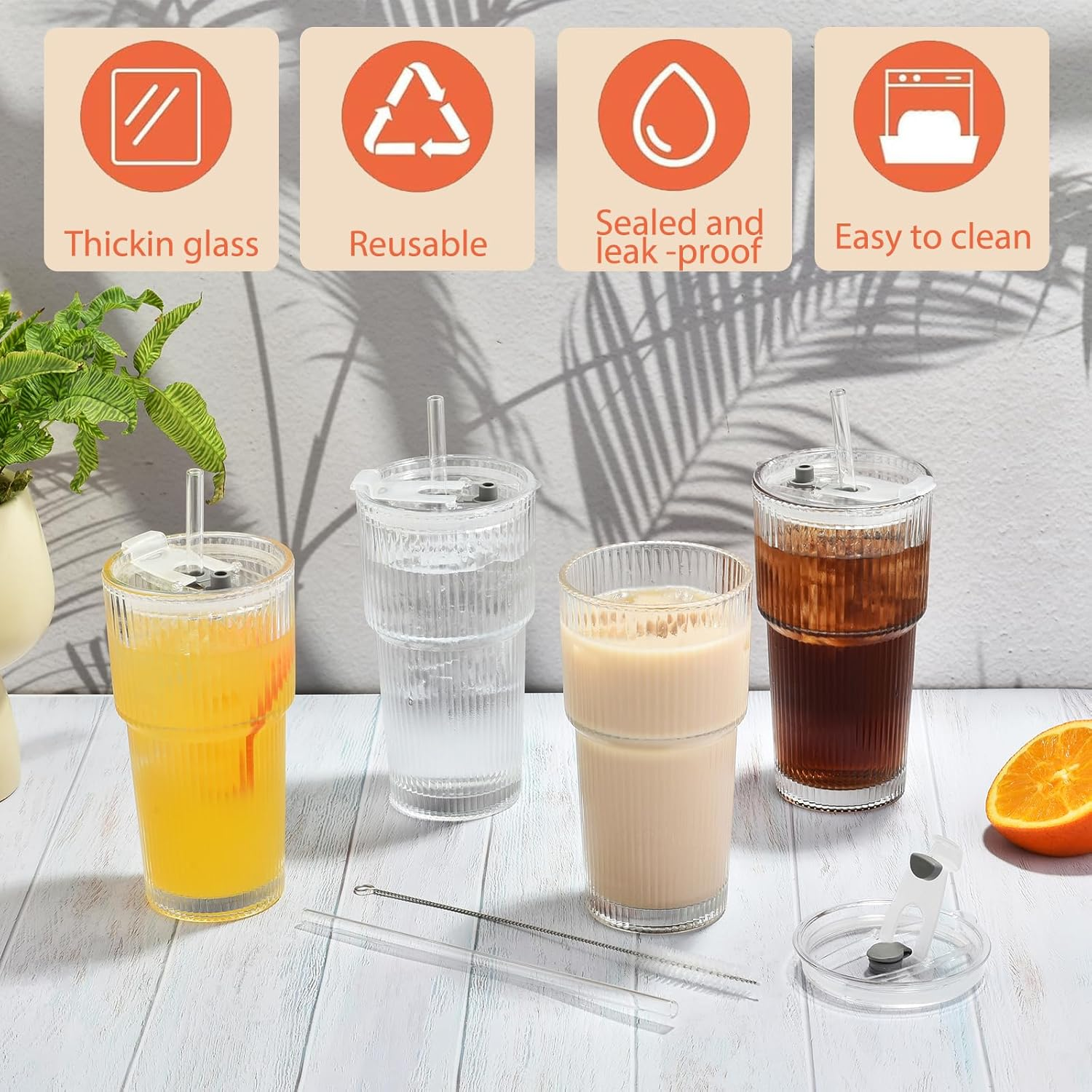 AUMA 20Oz Glass Tumblers with Lids and Straws, Set of 2 - Stylish Ribbed Design Drinking Glasses for Iced Coffee Cups, Juice, Smoothies, Cold Beverages, Includes Cleaning Brush, Durable Glassware image number 4