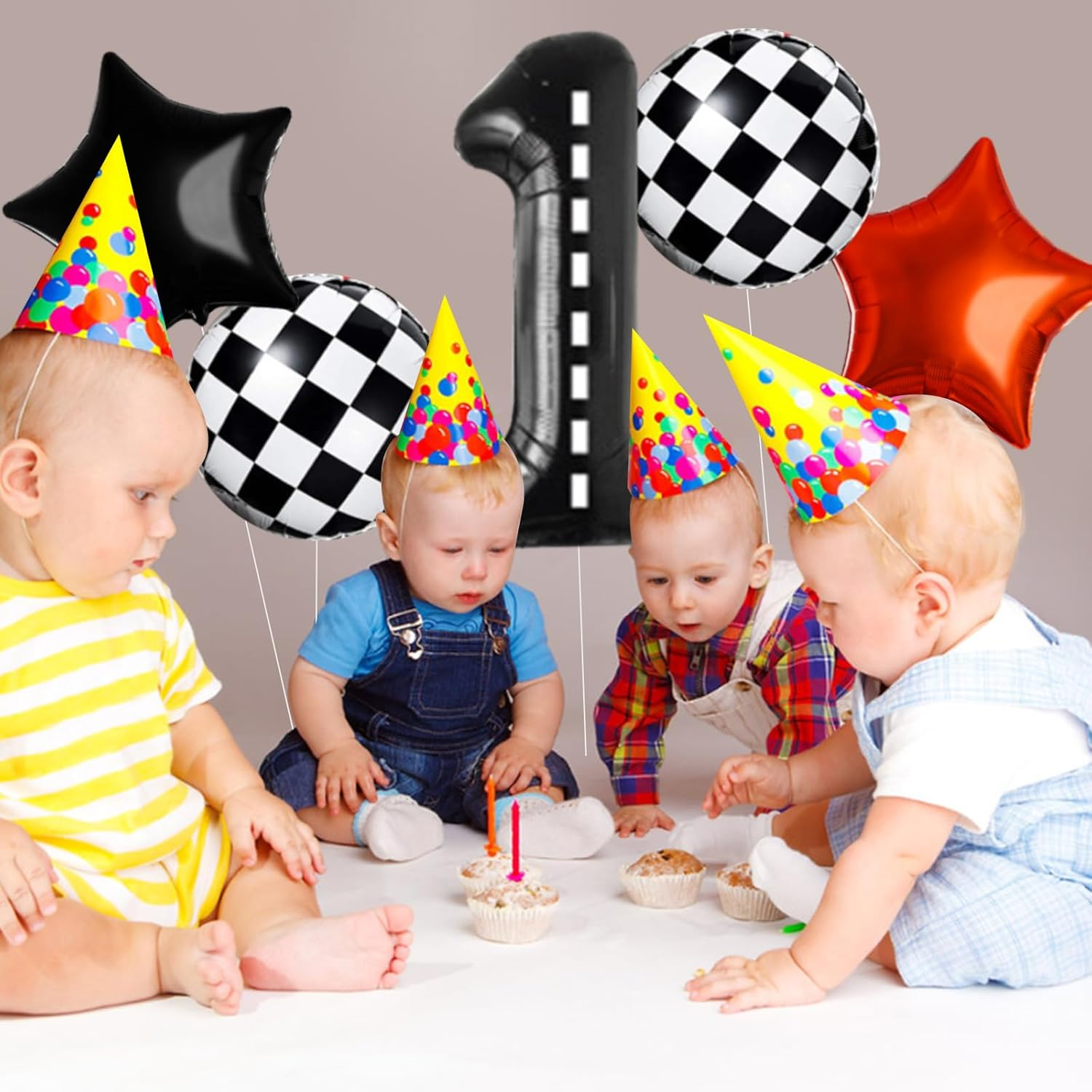 5Pcs Racing Car Balloon Set - Fast One Party Decoration with Number 1, Checkered Star, and Black White Balloons for Race Car Decor and 1St Birthday image number 2