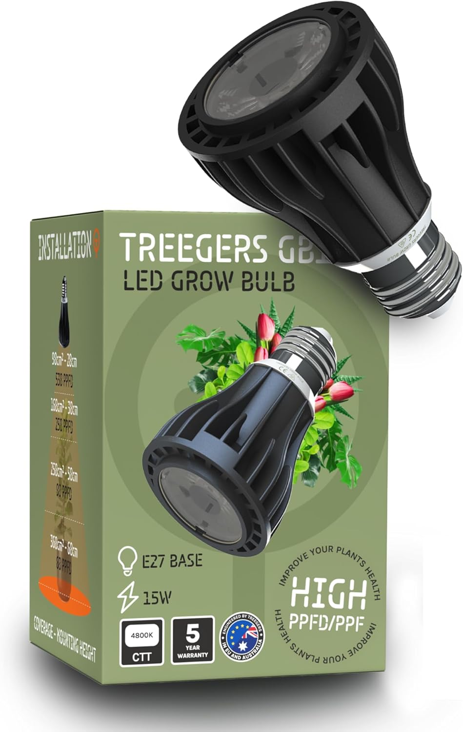 15W LED Grow Light Bulb - 15Watt, E27 Grow Light for Plants, Full Spectrum, LED Grow Bulb with High PPFD for All Indoor Plants, Seeding & Vegetables, 1 Pack by TREEGERS image number 2
