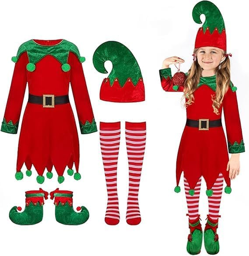 Kids Elf Costume, Girls Boys Christmas Elf Costume with Hat Socks Shoes Cover Velvet Cosplay Santa'S Helper Costume Xmas Outfit