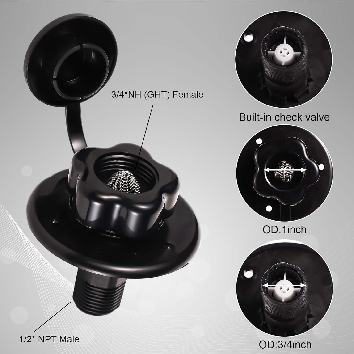 SAVITA RV Water Inlet with Check Valve, Brass Threaded Pipe RV Water Hookup Inlet RV Water Inlet Connection Camper Water Hookup Connector RV City Water Fill Inlet Flange for Camper Van RV (Black) image number 1