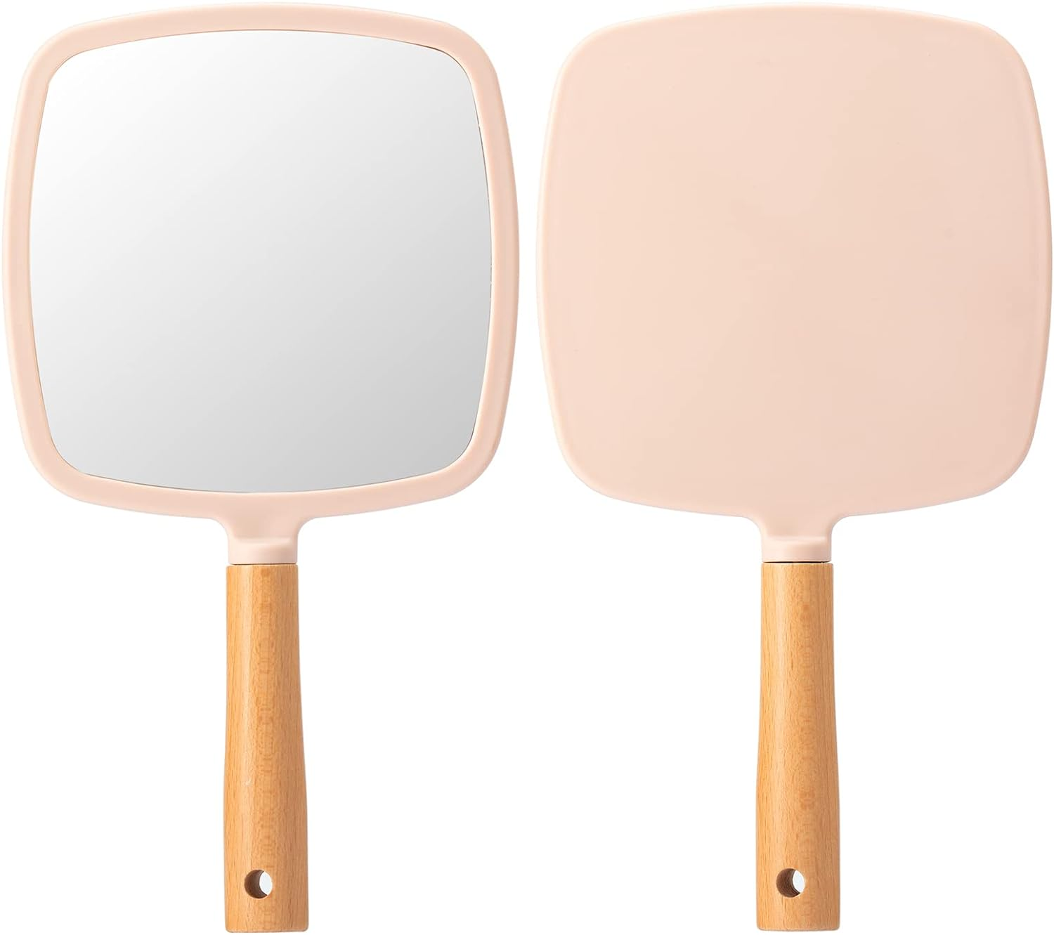 YEAKE Hand Held Mirror with Handle for Makeup,Small Cute Wood Hand Mirror for Shaving with Hole Hanging Single-Sided Portable Travel Vanity Mirror for Men&Women(Square,Pink,1Pack) image number 2