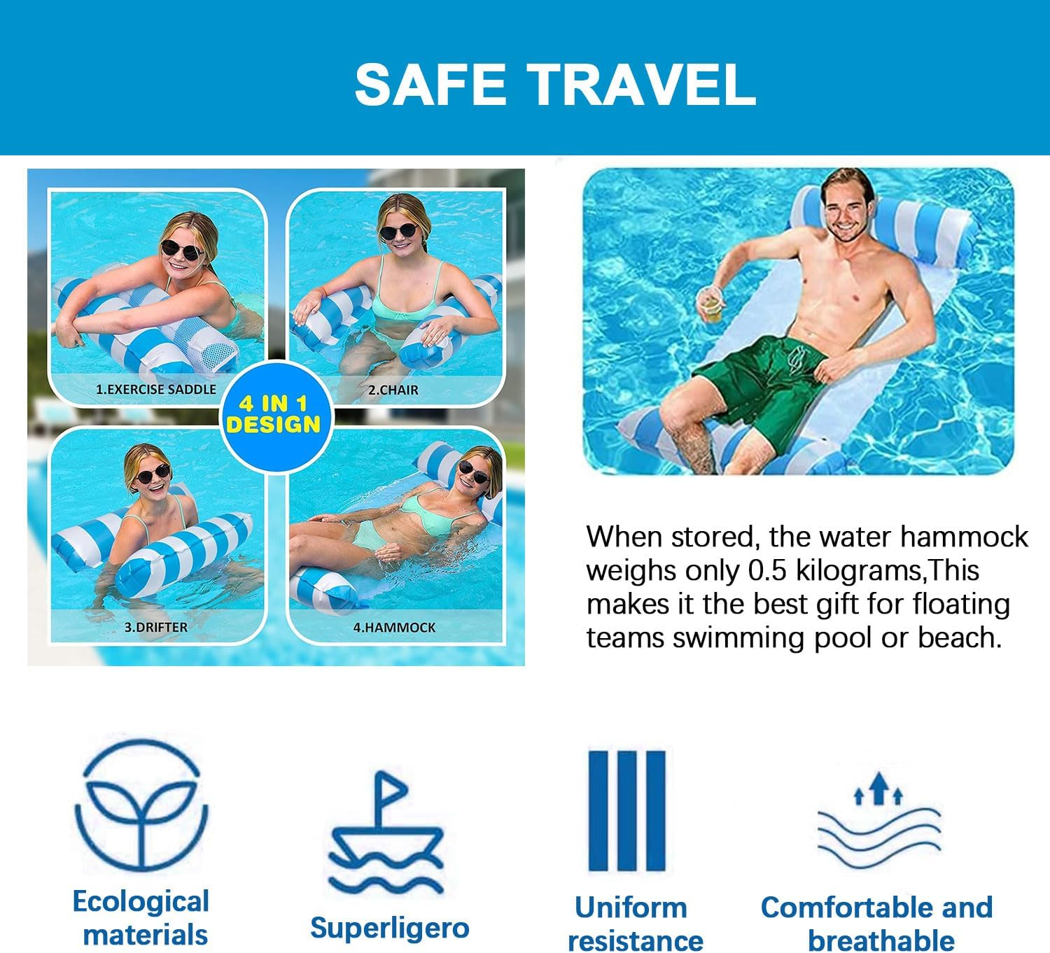 Water Hammock, 4 in 1 Inflatable Pool Float Hammock, Inflatable Swimming Pool & Beach Lounger, Multi-Portable, Saddles, Lounge Chairs, Drifters.For Adult Holiday Entertainment and Relaxation image number 2