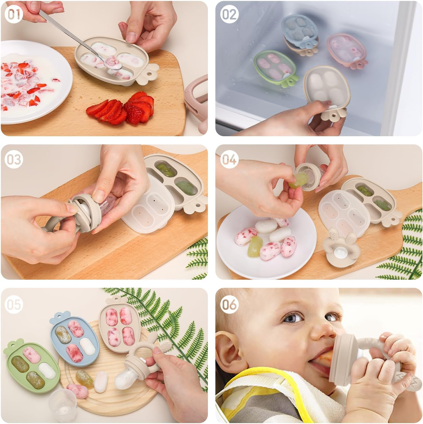 Silicone Baby Fruit Food Feeder, Freezer Tray with Lid for Batch Prep,Introduce New Foods, Breastmilk Popsicle Molds, Silicone Teething Toys image number 1