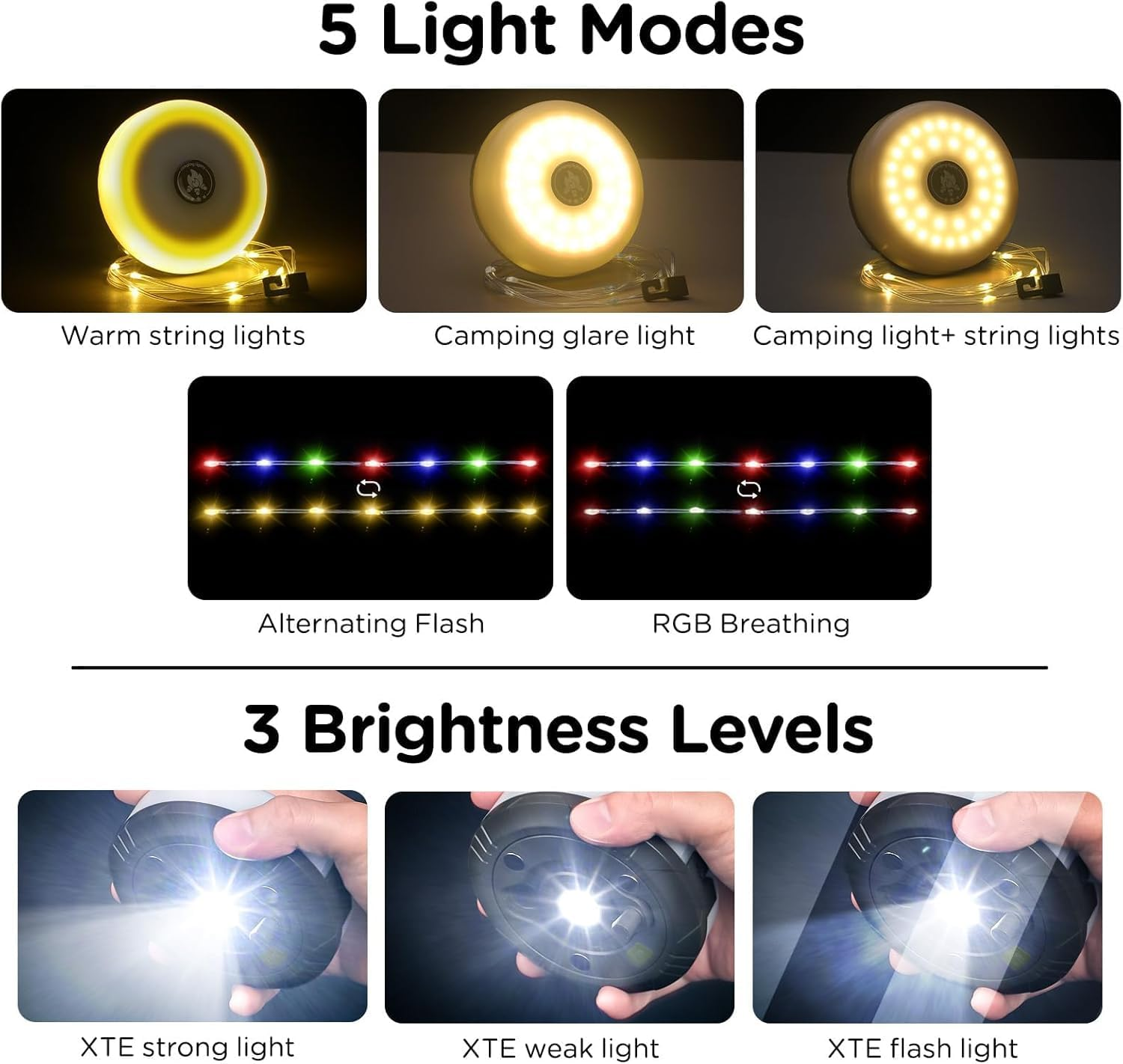 Camping String Lights, 4 in 1 Quick Storage 10M/32.8FT Rechargeable Tent Lights String with 8 Lighting Modes, Hanging Waterproof Portable LED Lamp for Outdoor Patio Awning Garden Party Essentials image number 2