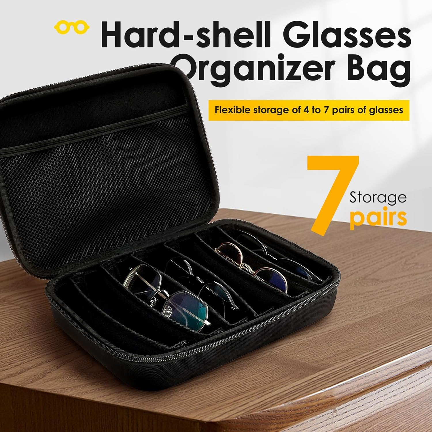 Awobepl Travel Sunglasses Organizer Case, Adjustable Slot Hard Shell Eyeglasses Storage Box with Zipper for Men Women Multiple Pairs image number 6