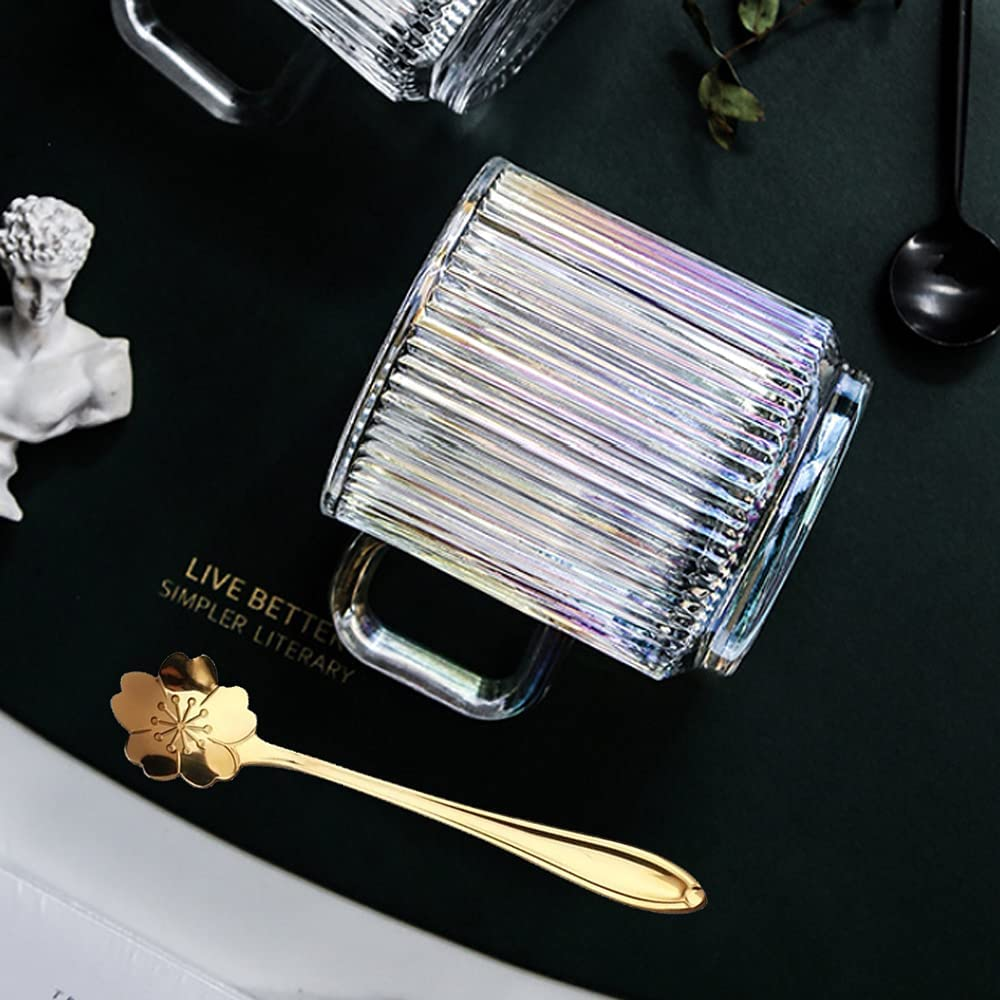 Clear Iridescent Glass Mug with Lid Cherry Blossoms Spoon Tea Mugs Coffee Glass Cup Pretty Mug for Milk Latte Chocolate Juice Water, for Women Girl Birthday Christmas Mother`S Day (White) image number 6