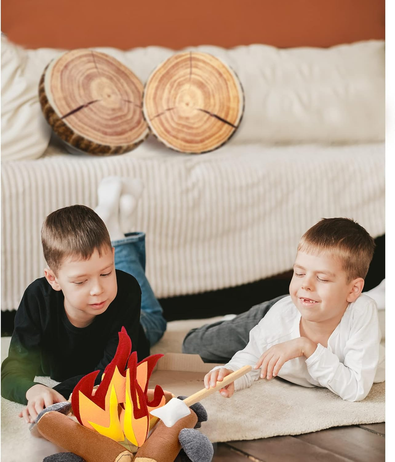 Civaner 17 Pcs Pretend Camping Play Set, 2 Decorative round Throw Pillow, Toys Safe Fake Campfire Plush Wood Design Floor Cushion for Adults Dramatic Outdoor Home Decorations image number 3