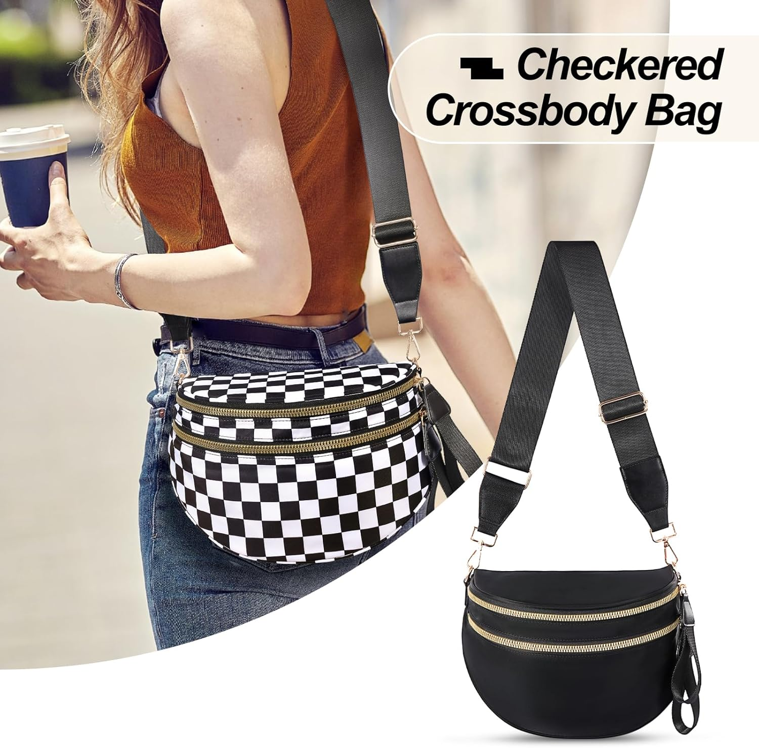 Bum Bag, Sling Bag for Women, Belt Chest Checkered Crossbody Bags, Spacious Nylon Purse Fanny Waist Packs with Shoulder Strap image number 4