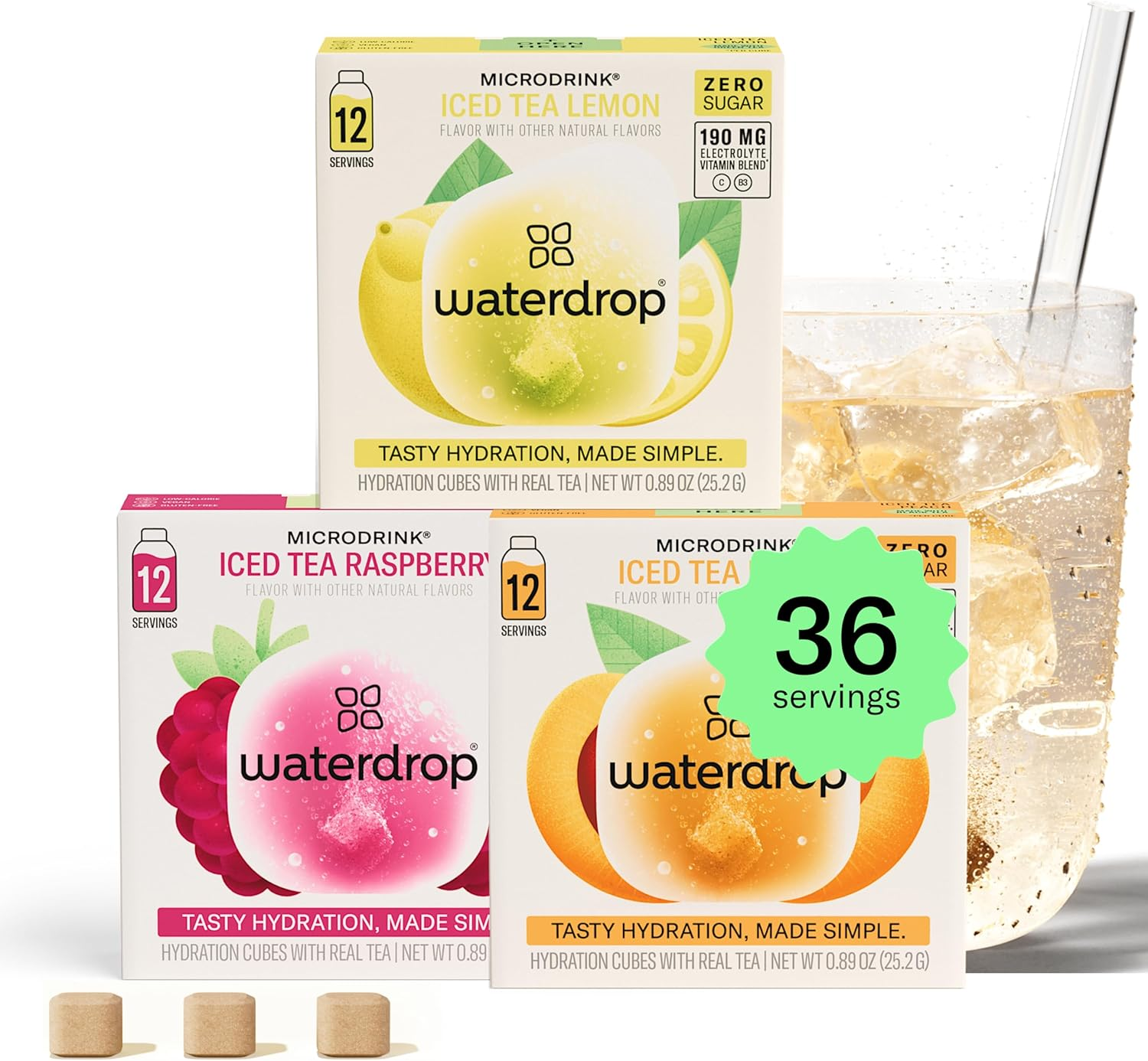 Waterdrop&reg; Microdrink Ice Tea Set - 36 Drops Cubes, Zero Sugar Powder - 3 Fruity Varieties: PEACH, LEMON, RASPBERRY - with Green and Black Tea Extracts - Valuable Vitamins image number 5