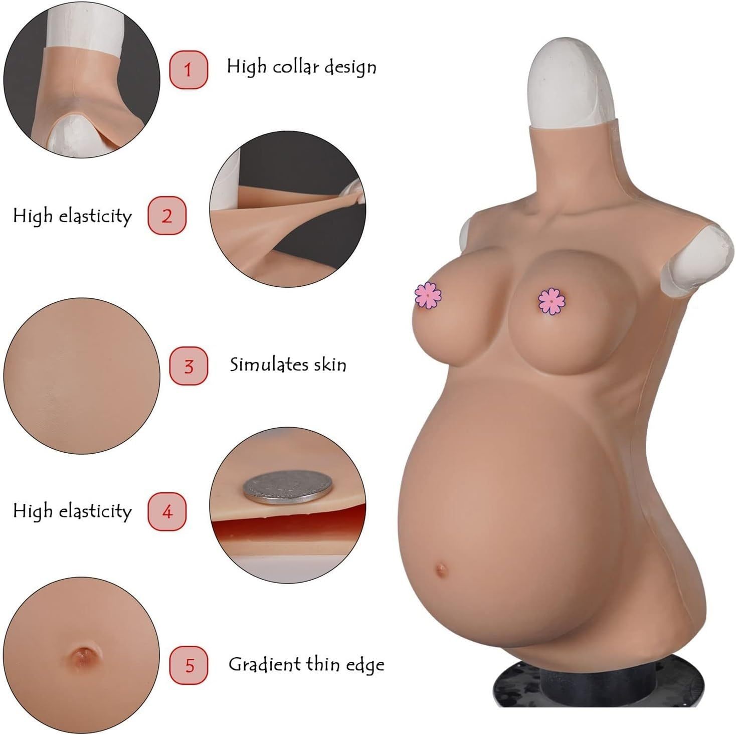 Lifelike Silicone Baby Bump & Breast, 4-9 Months Fake Pregnant Belly with Real Touch - Fake Boobs and Belly with Cotton Filled Breastplate Forms for Crossdresser(Color 3,9 Months) image number 6